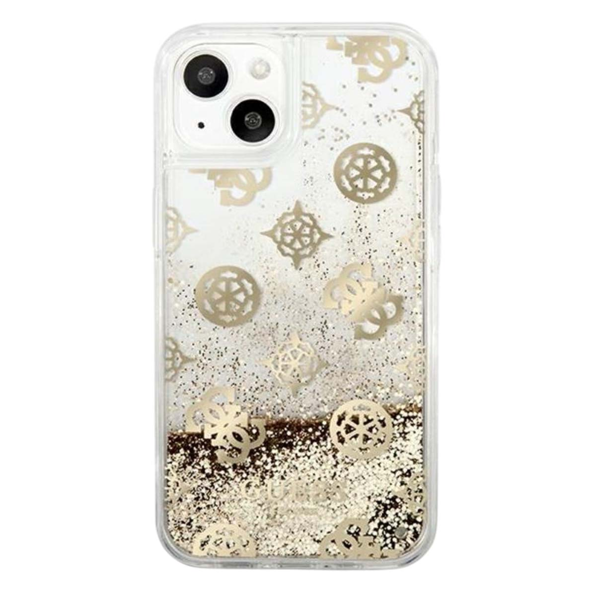 Custodia trasparente per telefono con glitter e loghi dorati. Ha una fotocamera a doppia lente e un bordo trasparente.