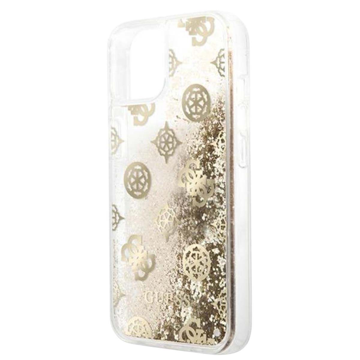 Una custodia trasparente per telefono con glitter dorati e loghi Guess. La custodia ha una cornice trasparente e i glitter sono all'interno.