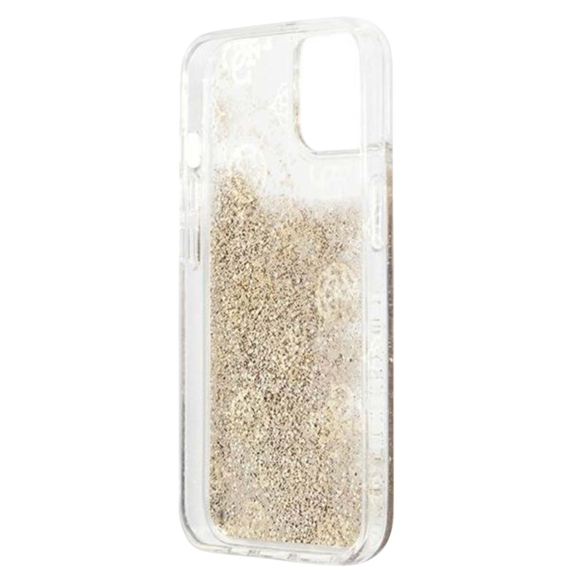 Custodia trasparente per telefono con glitter dorati all'interno. La custodia è di forma rettangolare con angoli arrotondati.