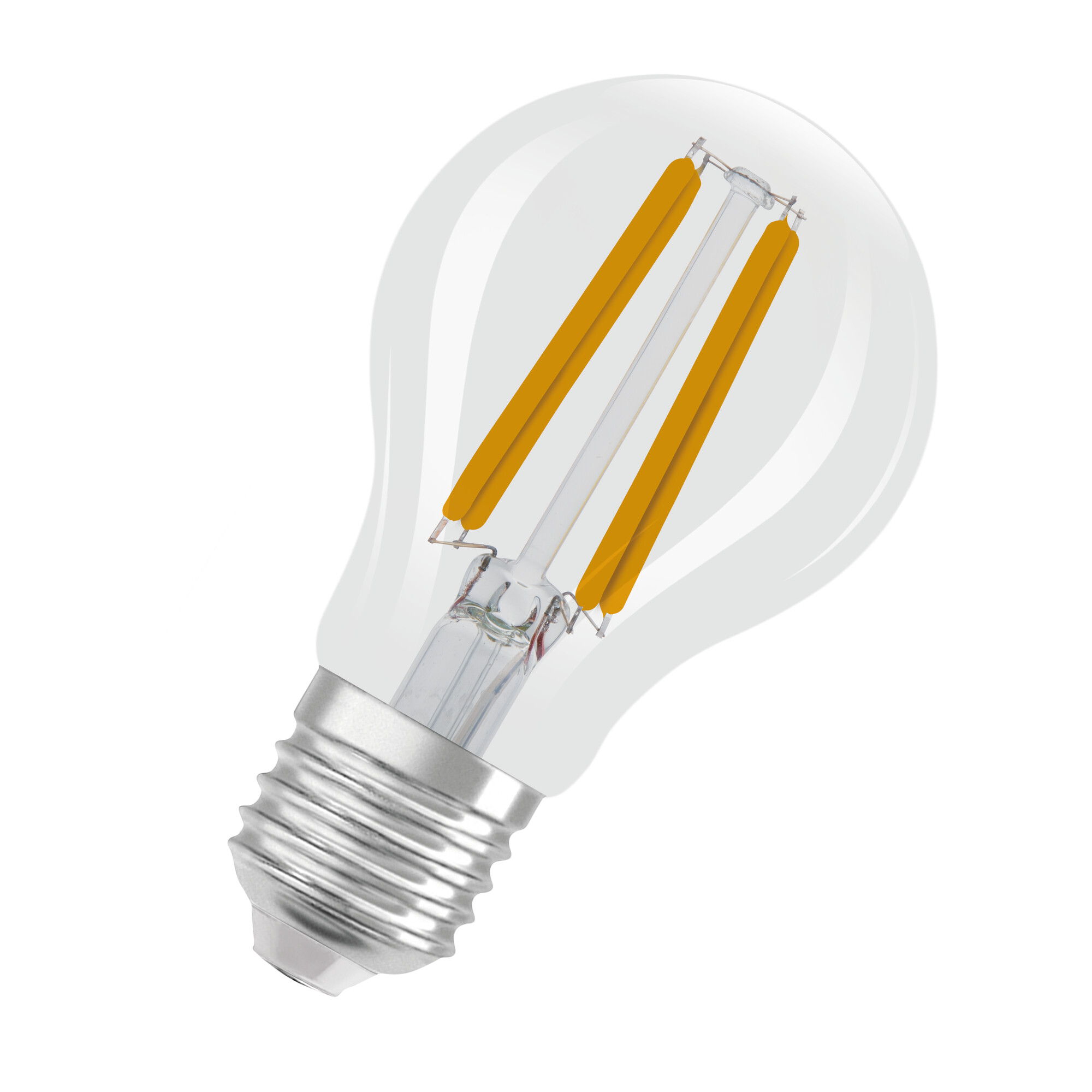 Eine klare LED-Glühbirne. Sie hat einen silbernen Sockel, eine klare Glaskugel und gelbe LED-Filamente.