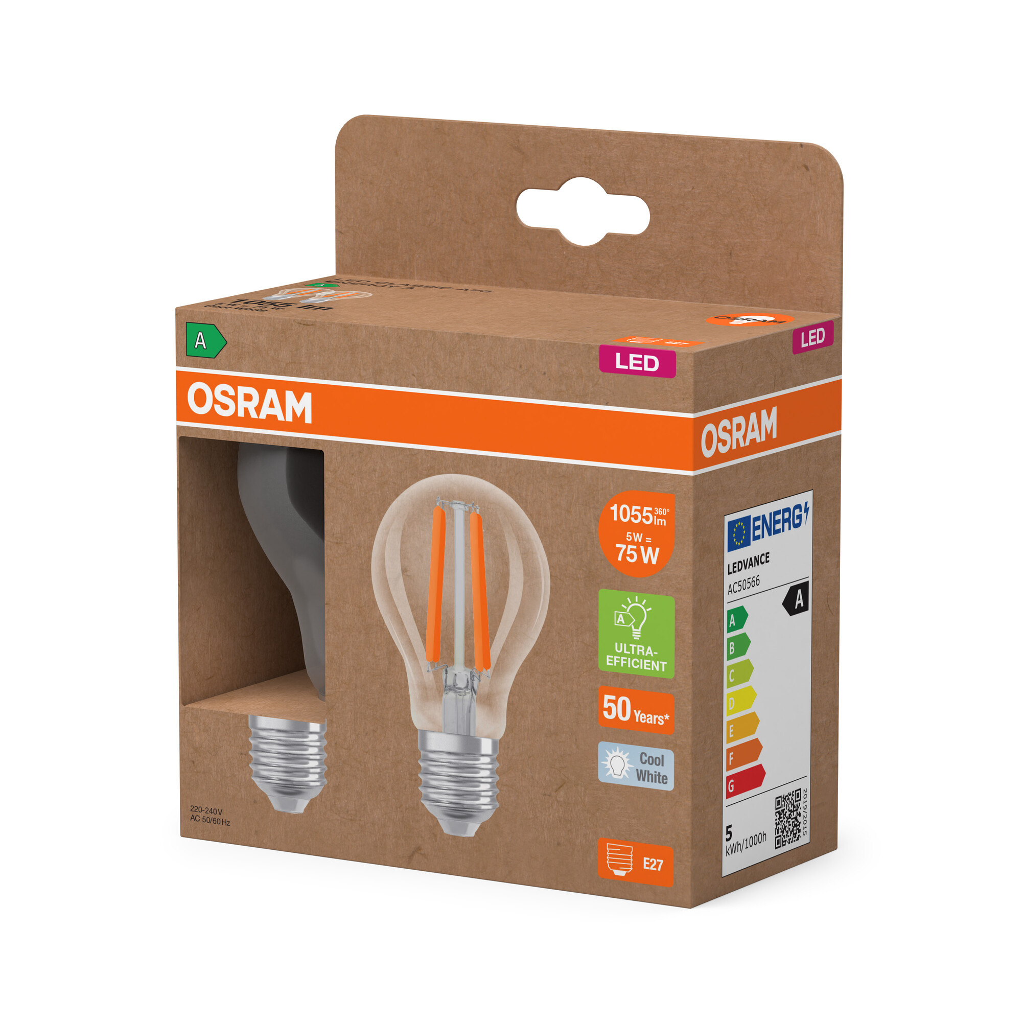 Eine Osram LED-Glühbirne in ihrer Kartonverpackung. Die Schachtel zeigt ein Glühbirnenbild, Energieinfos und das Osram-Logo.