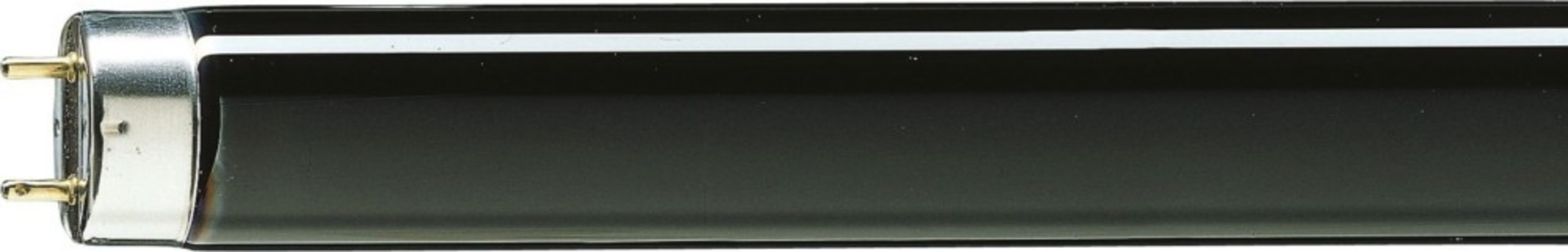 Un tubo di luce fluorescente, nero con un terminale metallico e due pin.