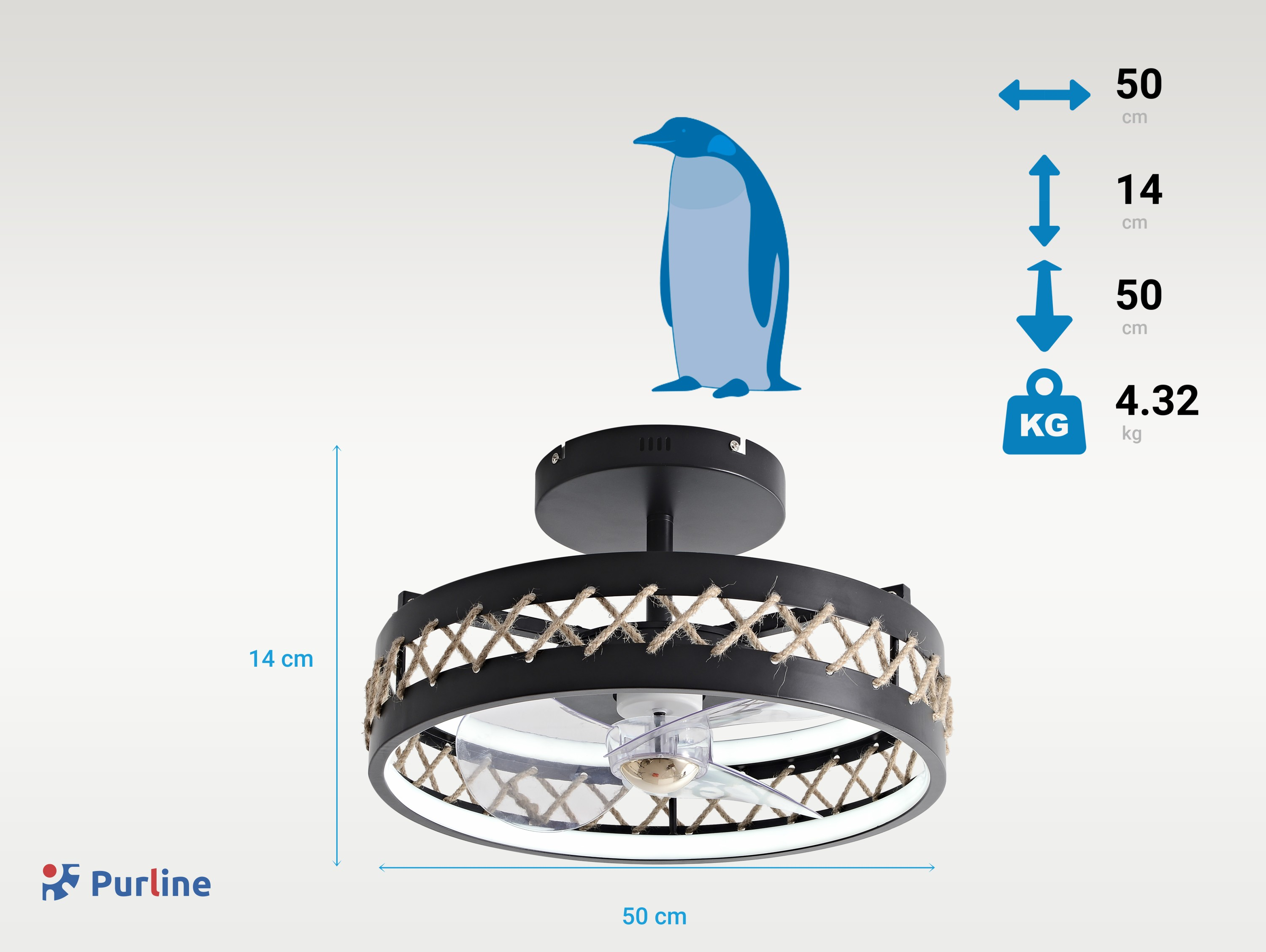 Ein schwarzer Deckenventilator mit Seildesign, weißem Licht und einer blauen Pinguin-Illustration. Abmessungen werden angezeigt.