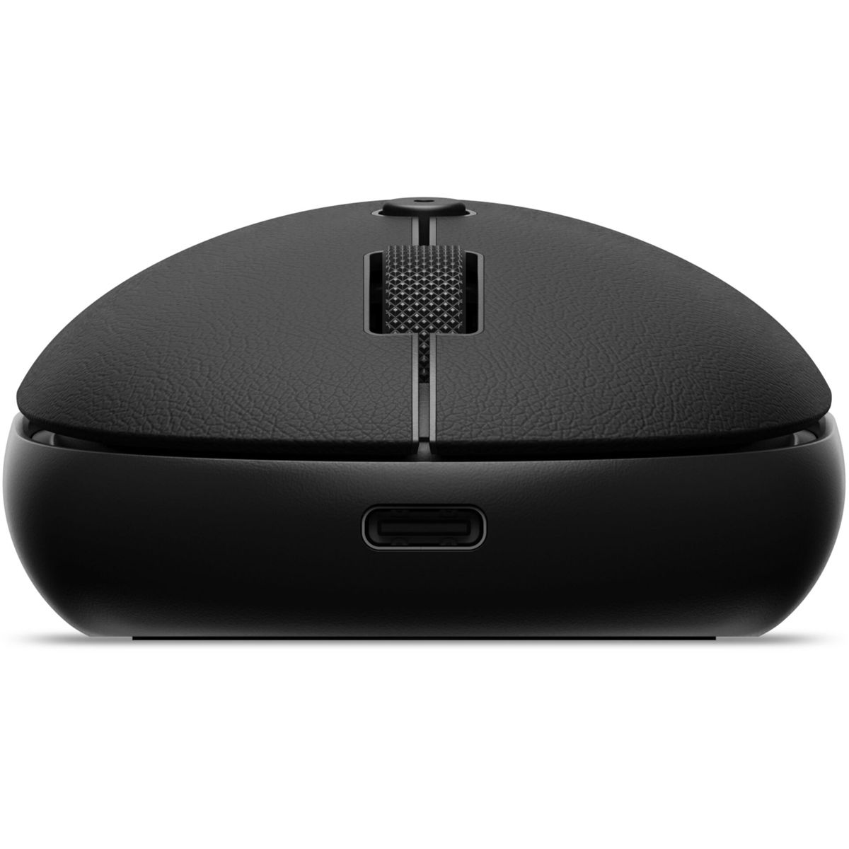 Schwarze Computermaus. Verfügt über ein Scrollrad, einen USB-C-Anschluss und eine strukturierte Oberfläche. Der Hintergrund ist weiß.