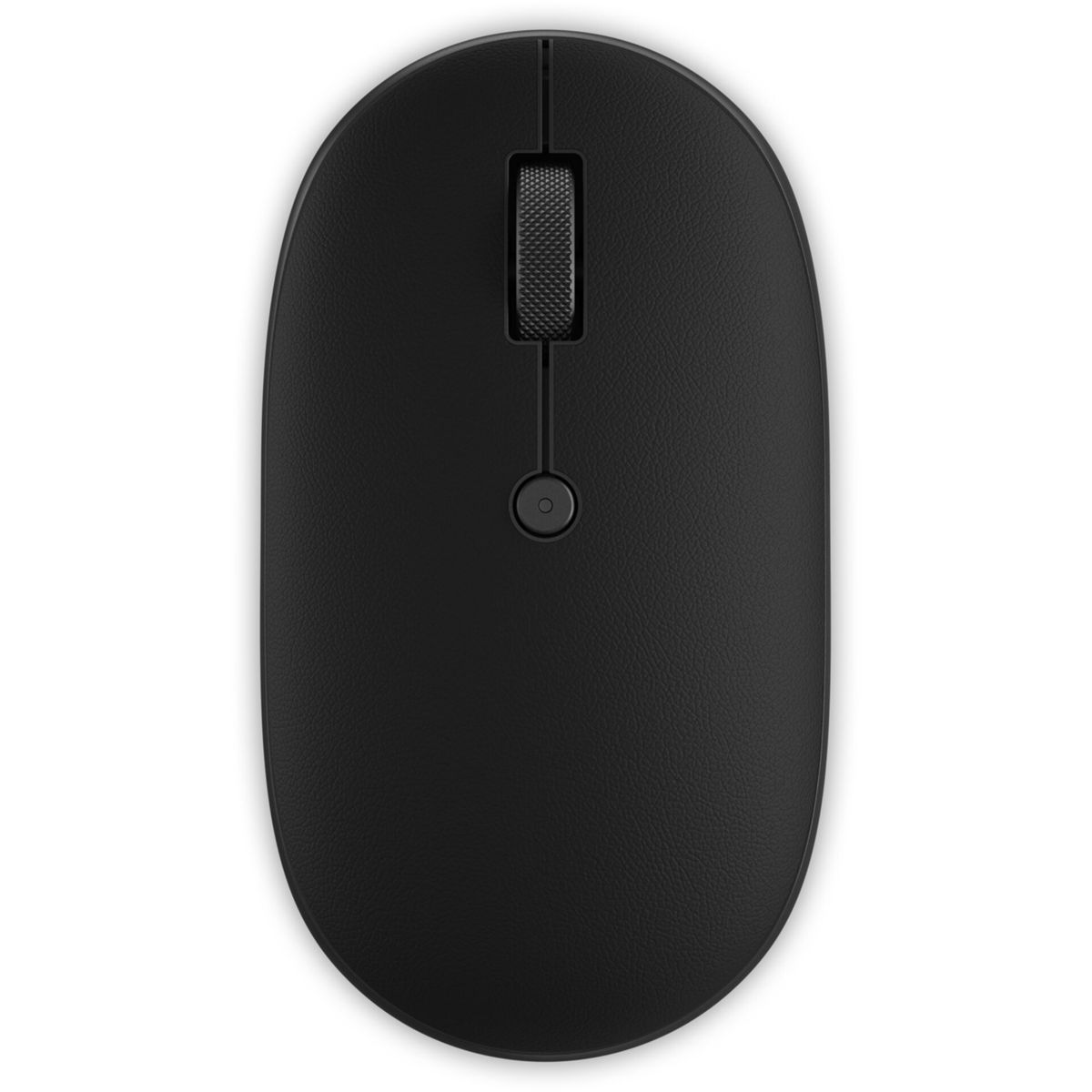 Eine schwarze Computermaus ist auf weißem Hintergrund zentriert. Sie hat ein Scrollrad und eine Taste darunter. Die Maus ist oval.
