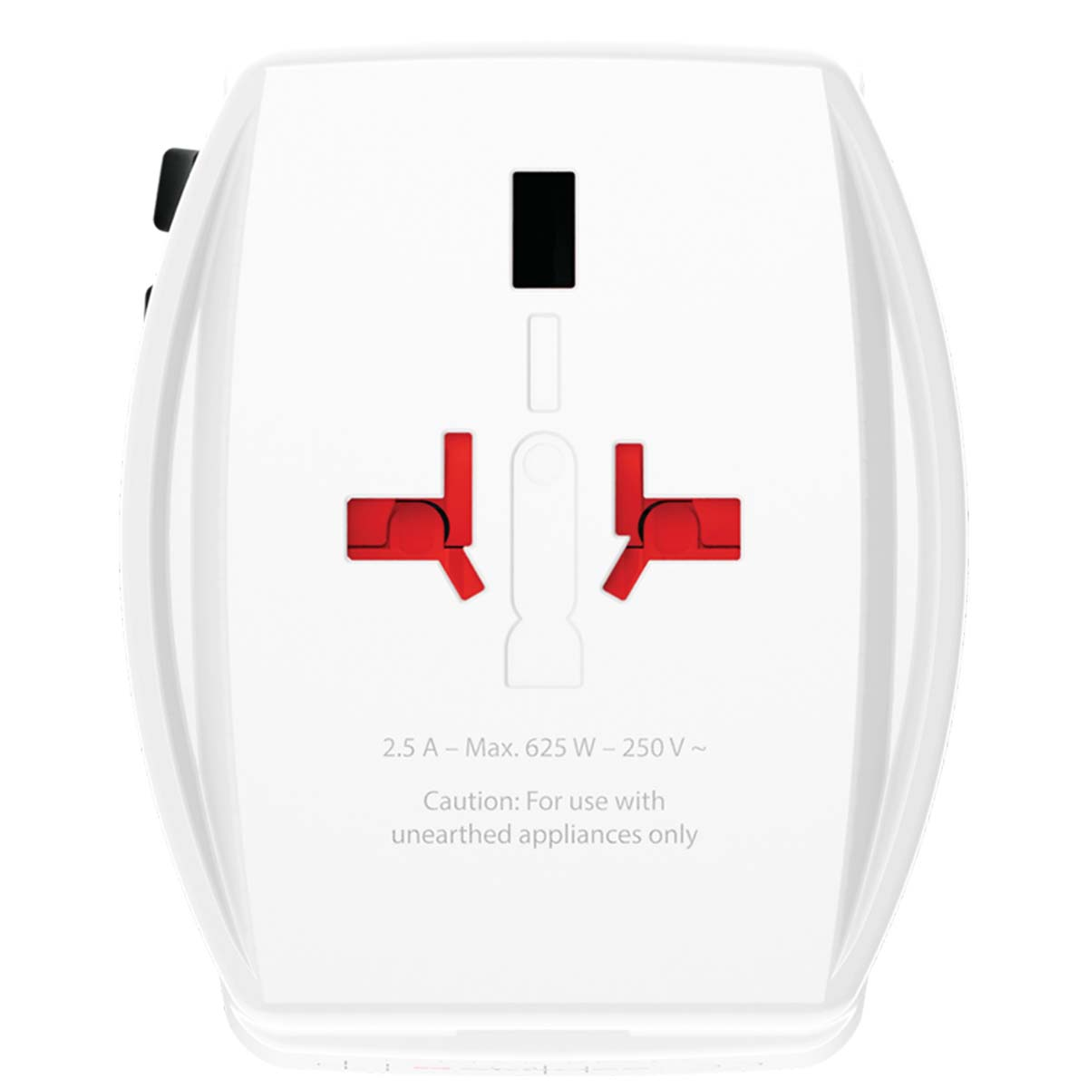 Adattatore da viaggio bianco con fessure rosse e nere. Testo: 2.5 A - Max. 625 W - 250 V ~. Attenzione: Solo per apparecchi senza messa a terra.