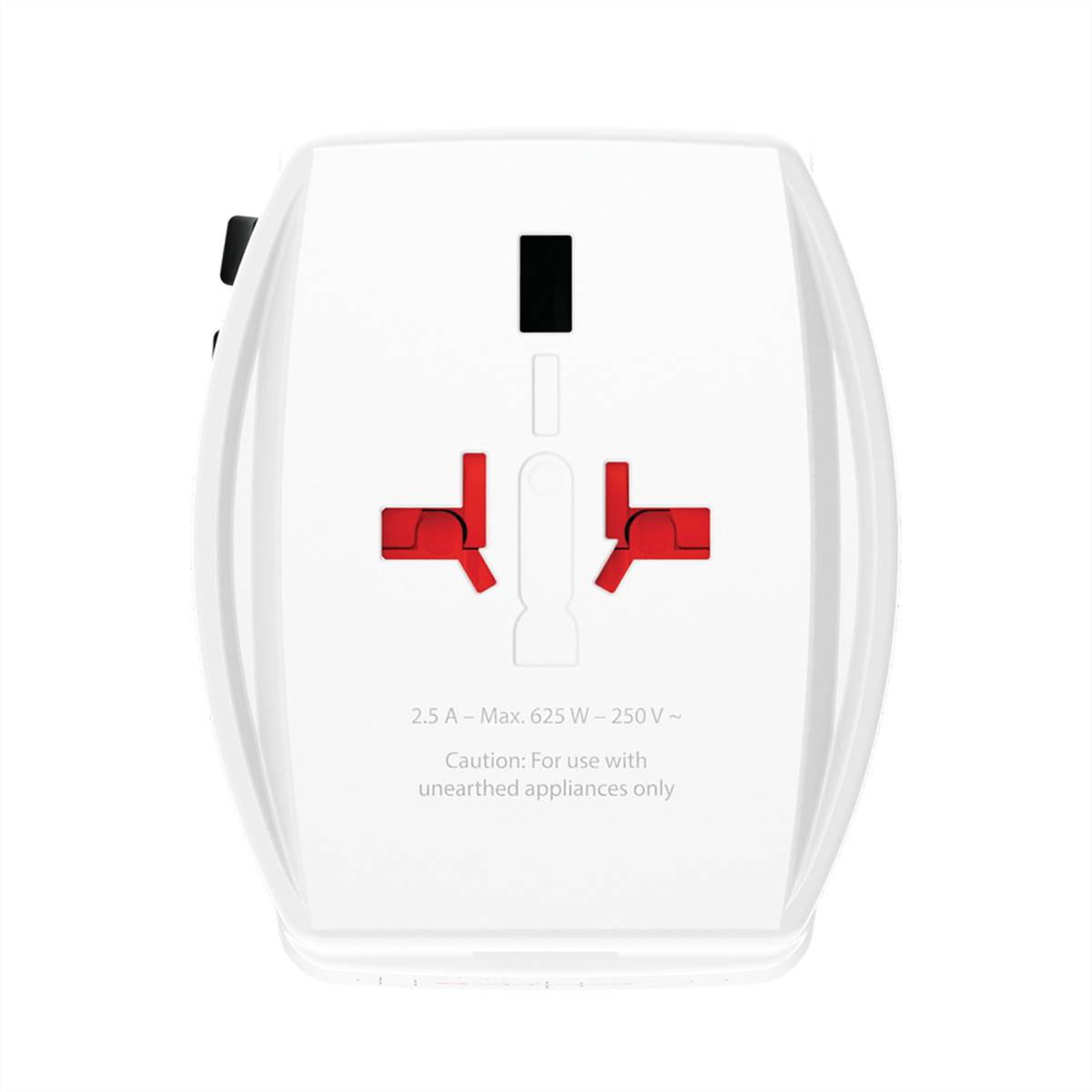 Un adattatore da viaggio bianco con dettagli rossi e neri. Il testo recita: 2,5 A - Max. 625 W - 250 V ~ Attenzione: solo per apparecchi senza messa a terra.