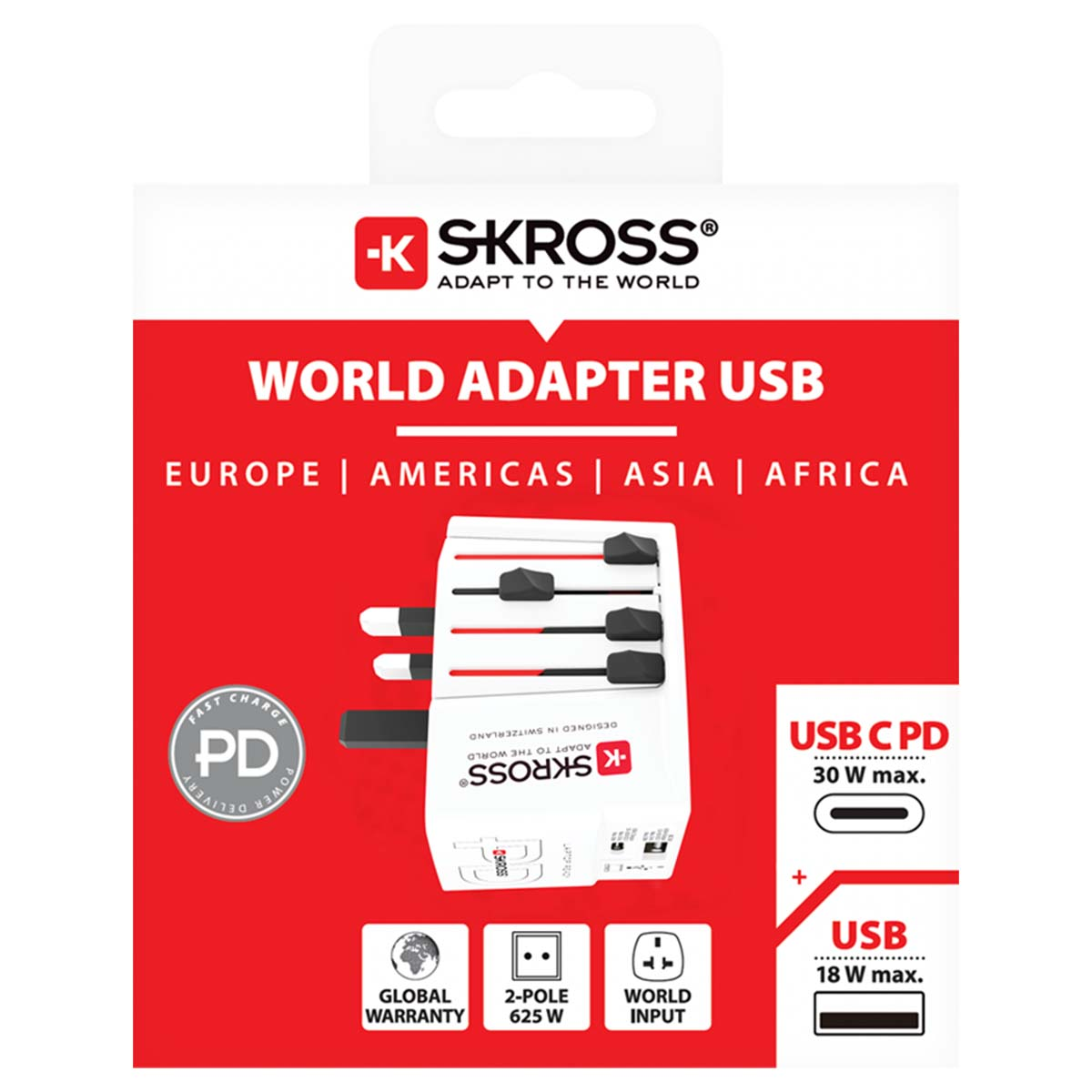 Una confezione rossa e bianca dell'adattatore universale USB SKROSS. Ha diversi tipi di spina e una porta USB-C e USB. C'è scritto 'World Adapter USB'.