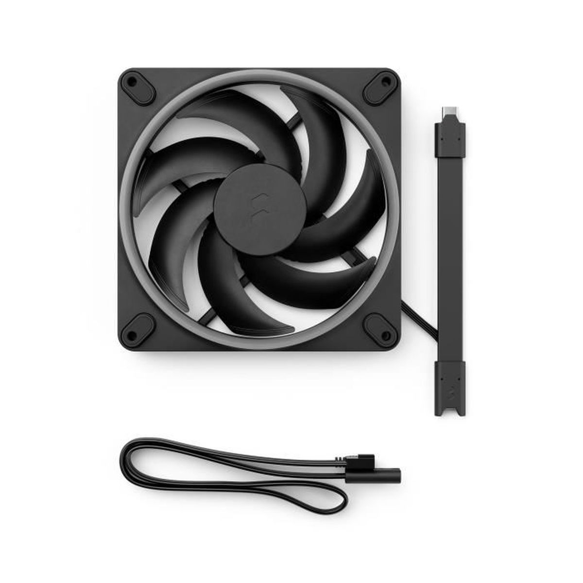 Schwarzer Computerlüfter mit gebogenen Flügeln, grauem Ring und schwarzen Kabeln auf weißem Hintergrund. Enthält ein USB-C-Kabel.