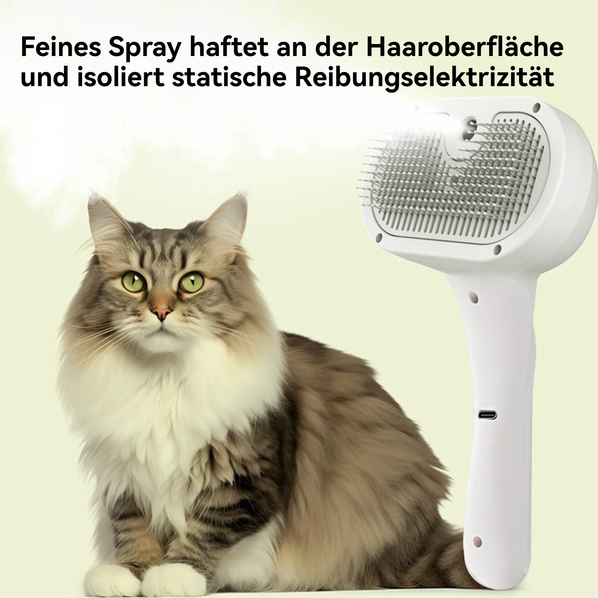 Eine flauschige Katze mit grünen Augen neben einem weißen Tierhaarentferner. Text oben auf Deutsch.