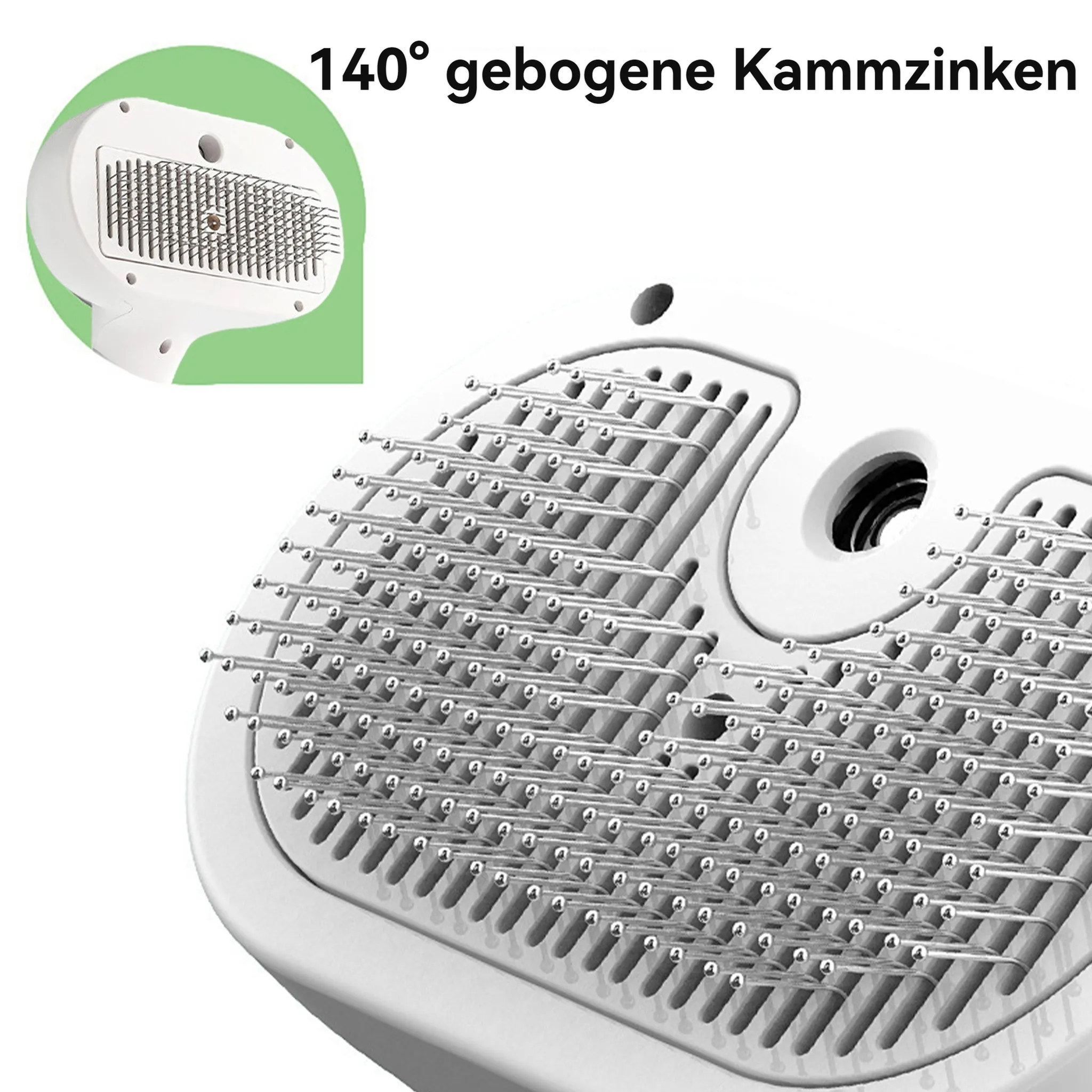 Ein weißes Pflegegerät mit vielen silbernen Stiften. Text: '140° gebogene Kammzinken'.