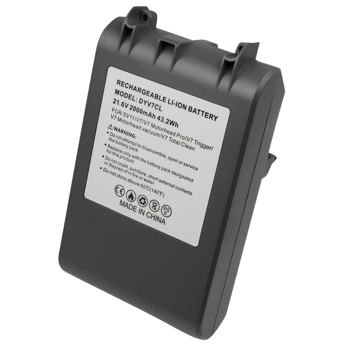 Una batteria ricaricabile agli ioni di litio, modello DYV7CL, con un'etichetta che mostra specifiche e avvertenze, su sfondo bianco.
