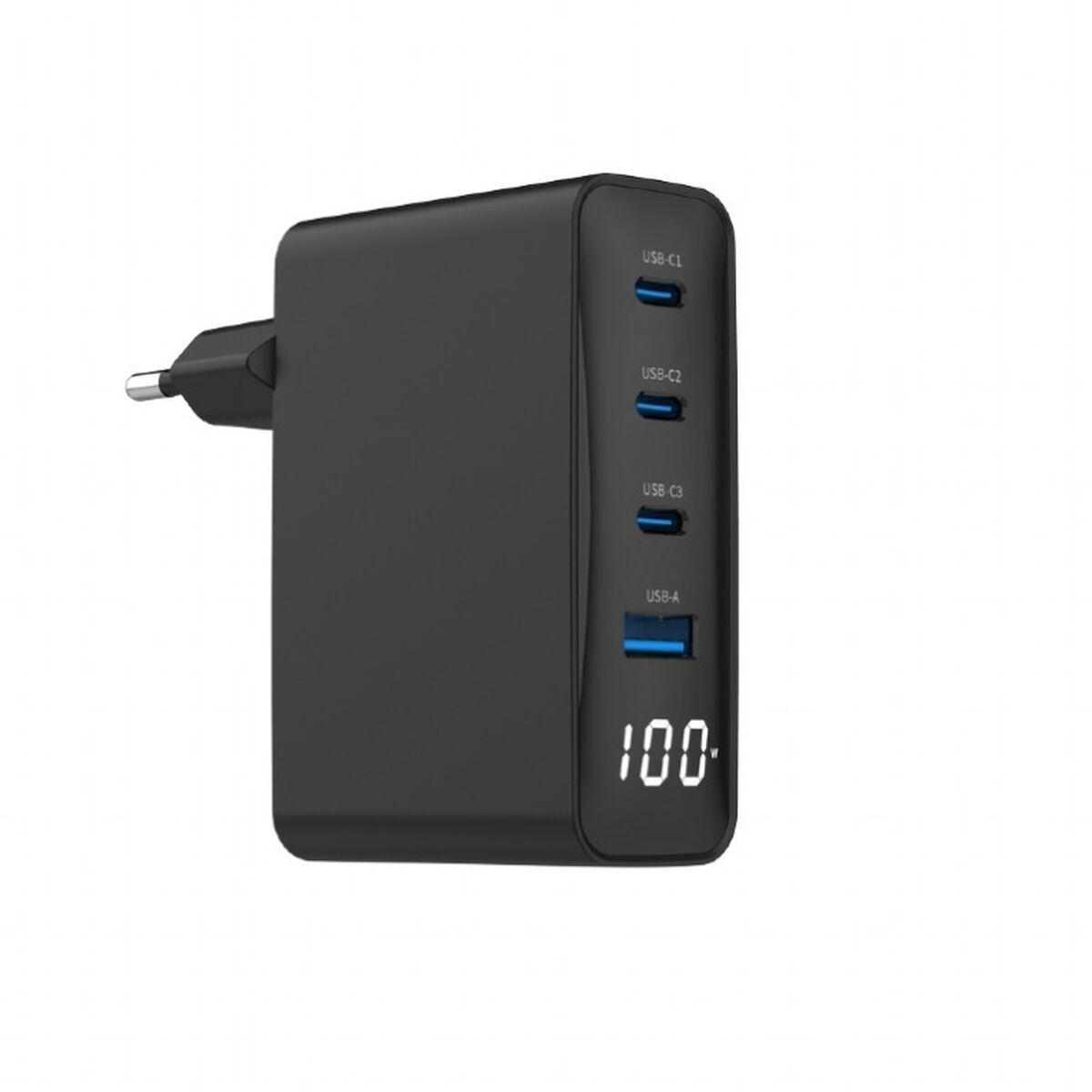 Un adaptateur secteur noir avec plusieurs ports USB. Il a un affichage numérique indiquant '100'. La prise est visible à gauche.