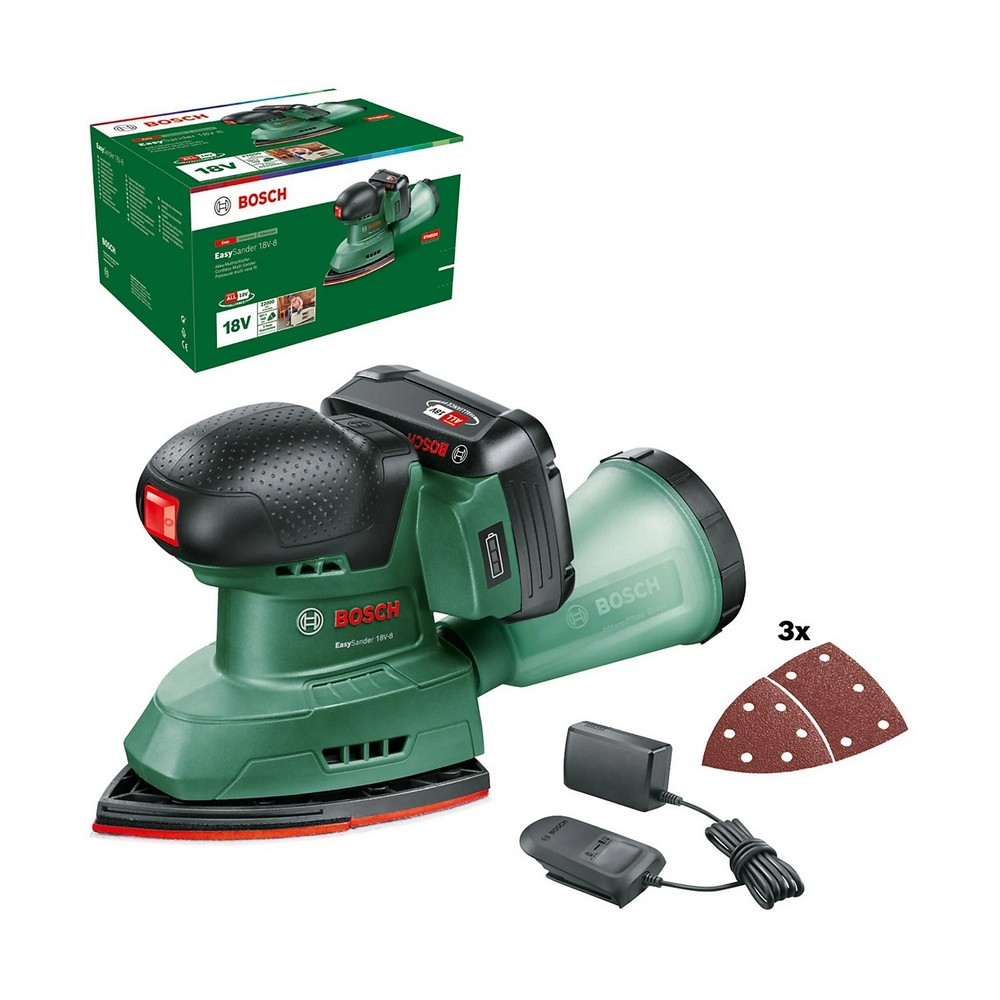 Ein grüner Bosch EasySander 18V-8 mit schwarzer Oberseite und grünem Staubfänger. Zubehör: Ladegerät, Akku und Schleifpads.
