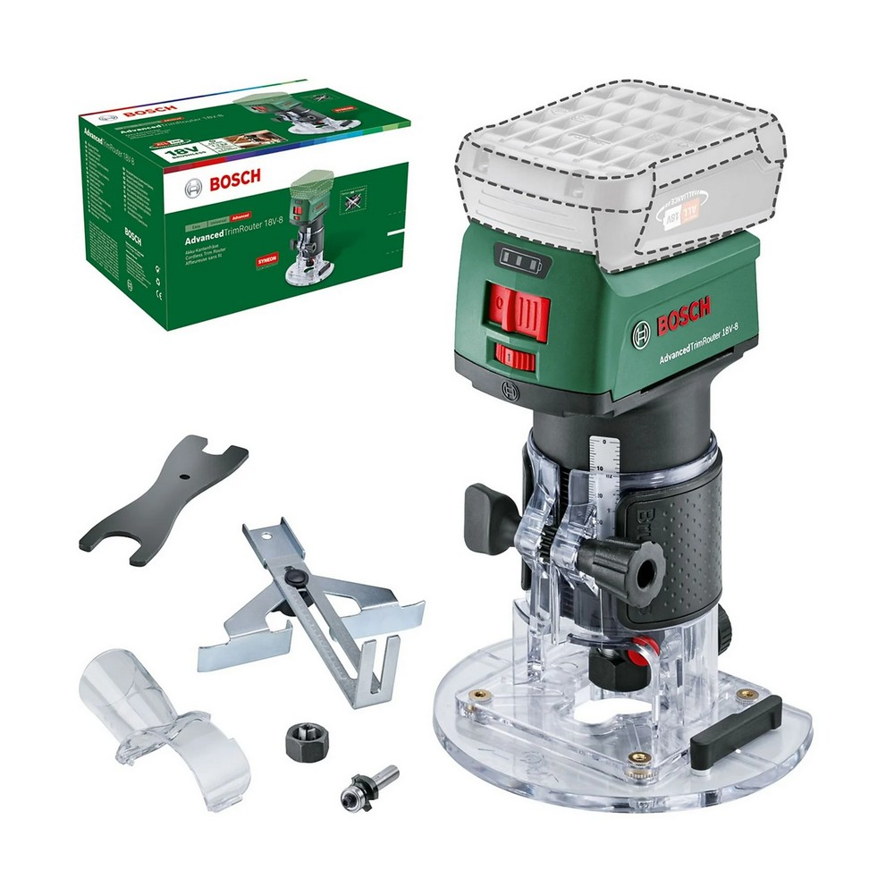 Bosch Advanced TrimRouter 18V-8. Zielono-czarne narzędzie z akcesoriami, w tym kluczem i pudełkiem. Bateria zaznaczona linią przerywaną.