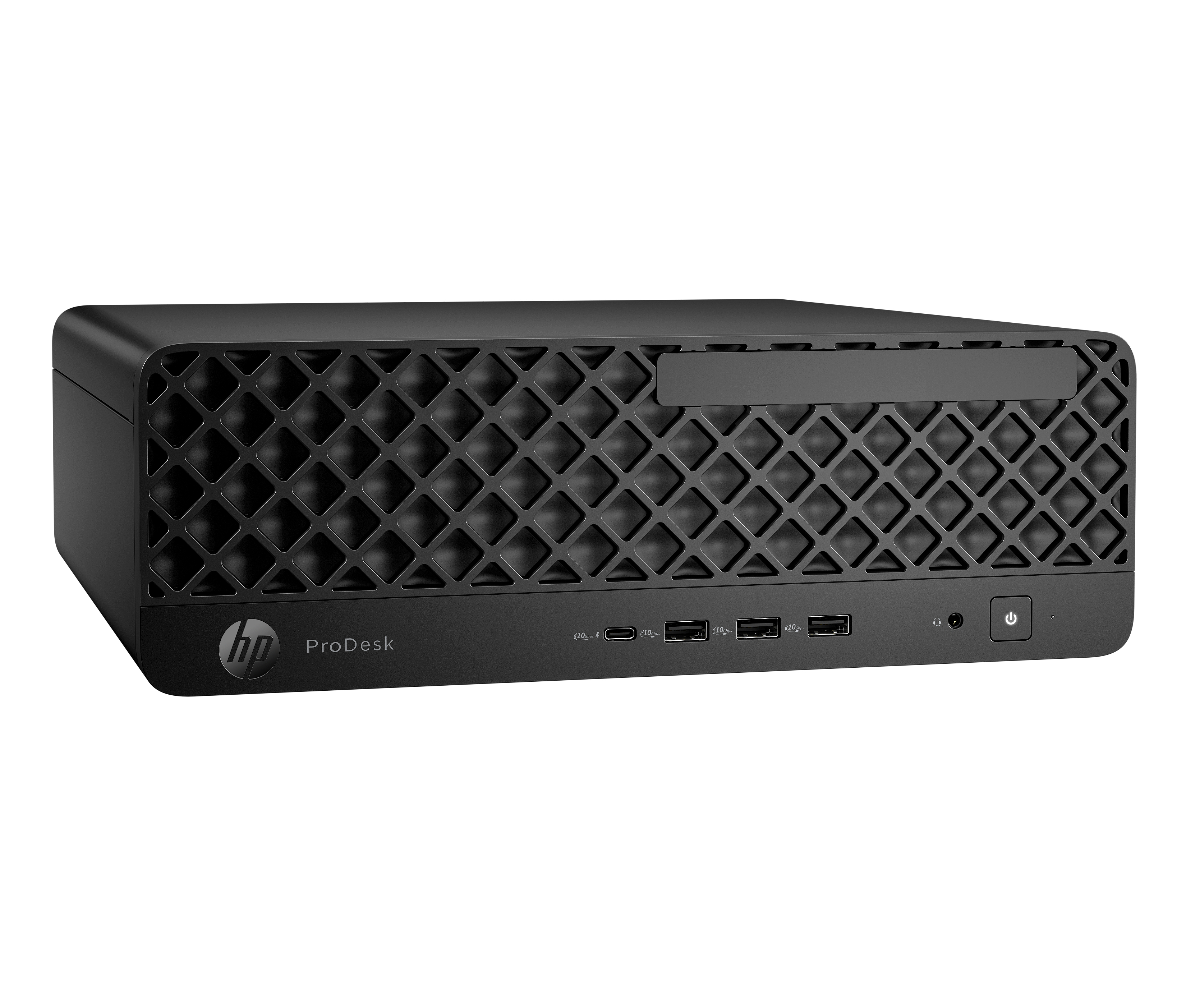 Un computer HP ProDesk nero. Ha un design di ventilazione a forma di diamante e porte.