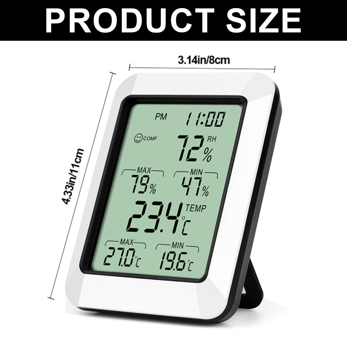 Ein digitales Thermometer zeigt Zeit, Feuchtigkeit und Temperatur an. Es ist weiß und schwarz, mit beschrifteten Abmessungen. Der Bildschirm zeigt Messwerte.