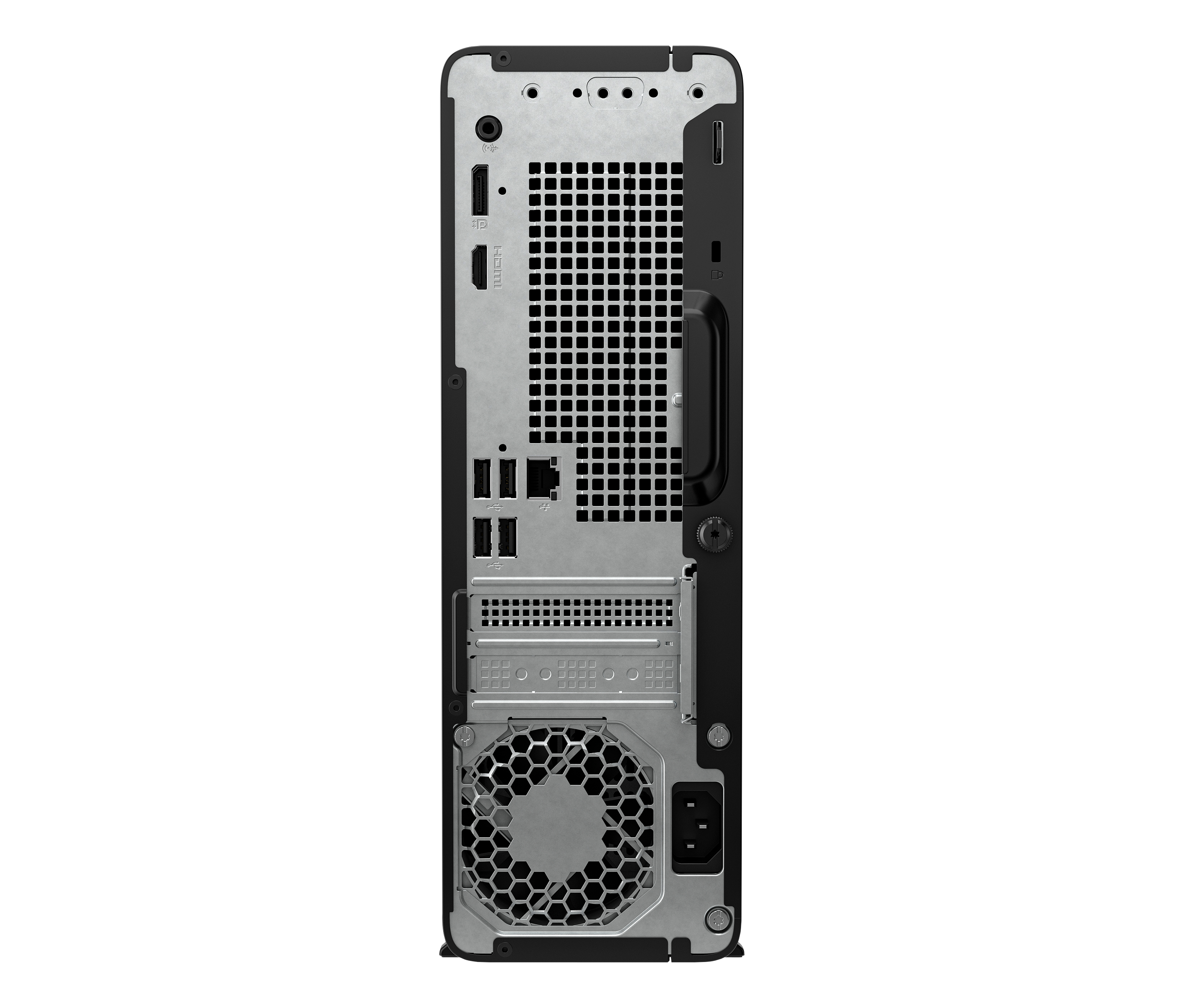 Vista posteriore di un case per computer. Presenta porte, prese d'aria, una maniglia e un ingresso di alimentazione.