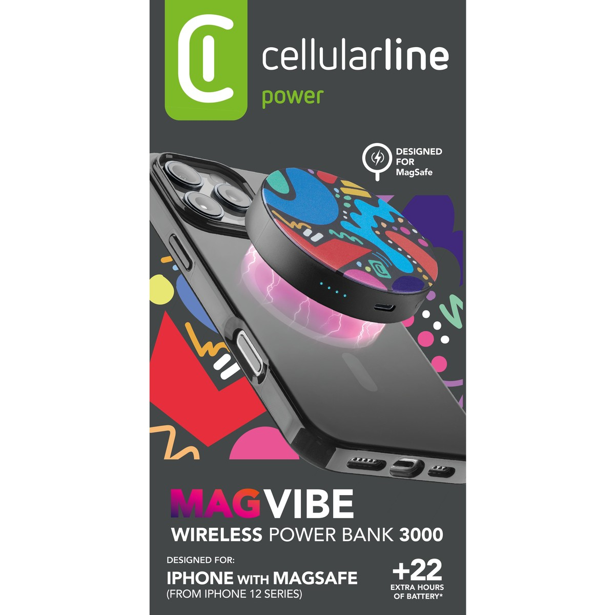 Un telefono con un power bank wireless MagSafe. Il power bank è nero con disegni colorati, che carica il telefono con energia rosa.