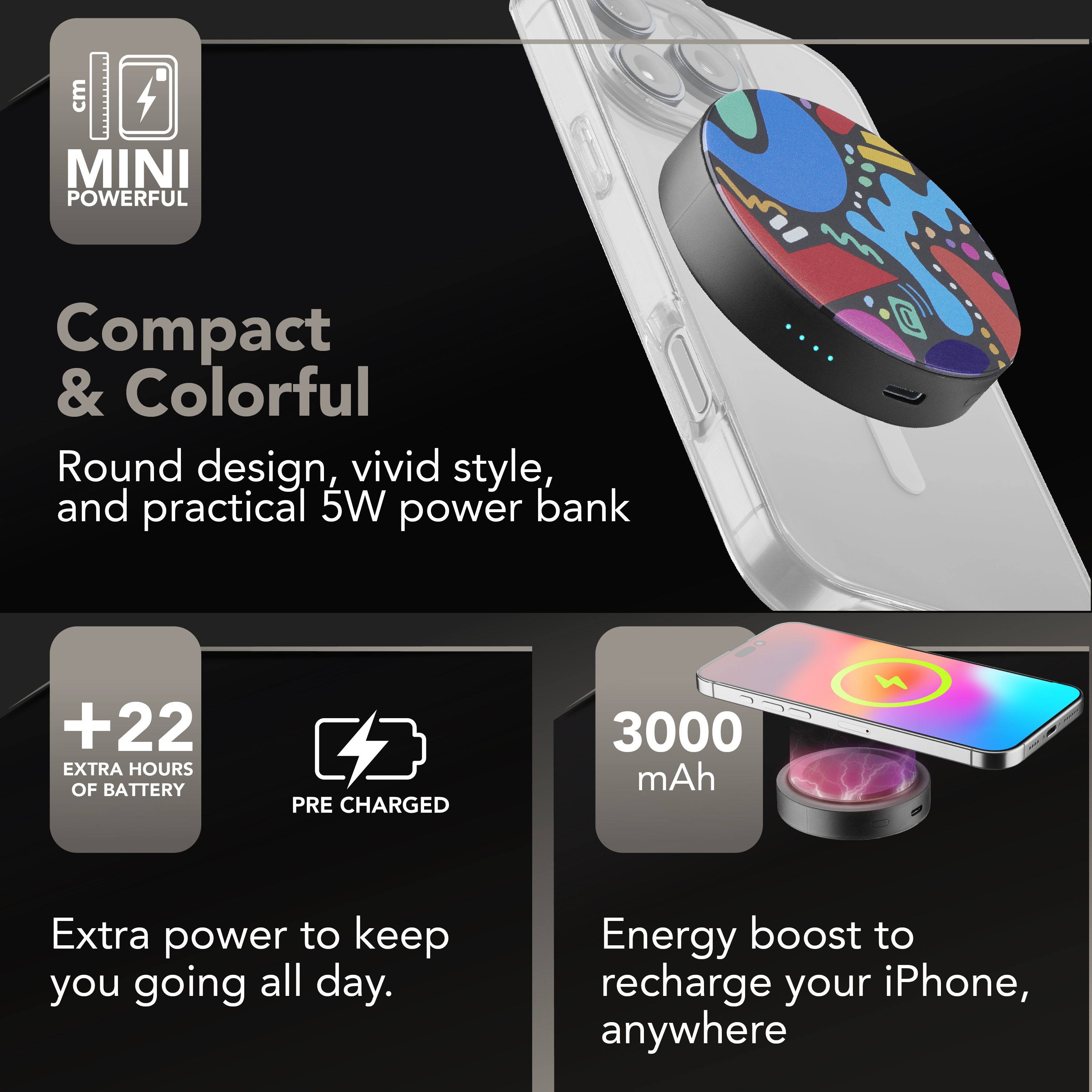 Un power bank colorato sta caricando un telefono. Il testo indica compatto, mini ed ore di batteria extra.