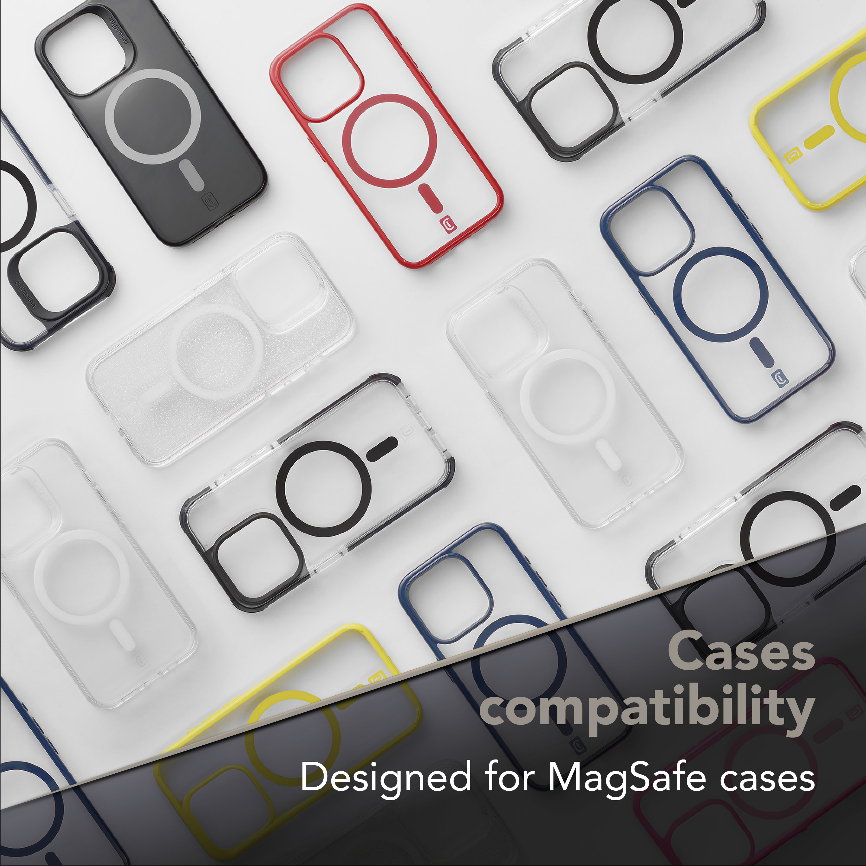 Una superficie bianca con varie custodie colorate per telefoni, progettate per MagSafe. Le custodie sono trasparenti con bordi colorati e magneti circolari.