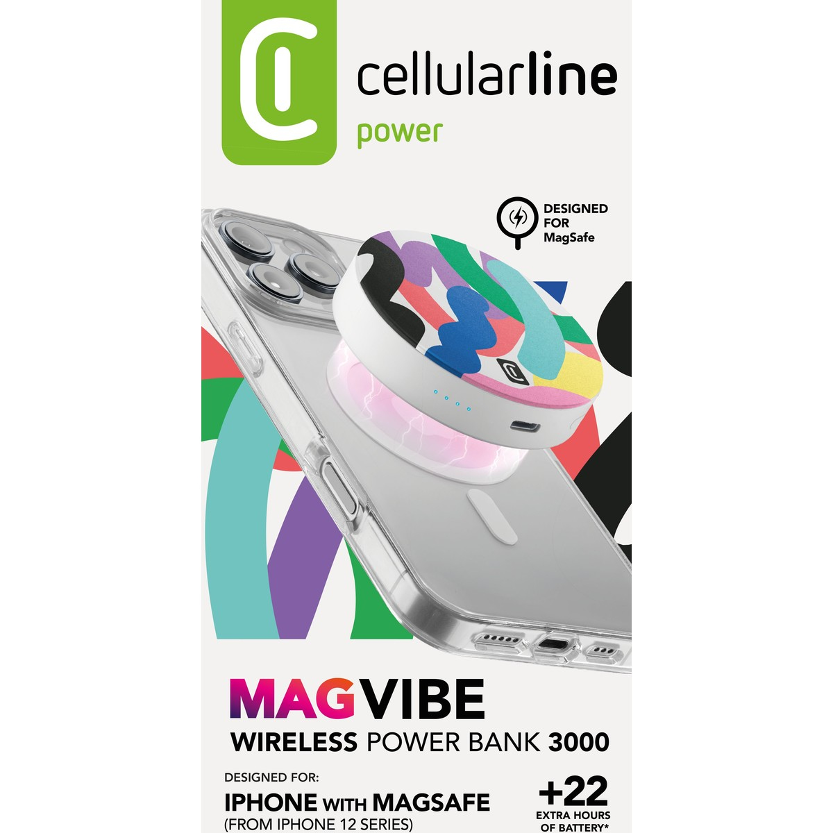 Un telefono con un power bank wireless. Il power bank ha design colorati. Il testo dice 'MAGVIBE' e 'Progettato per iPhone con MagSafe'.