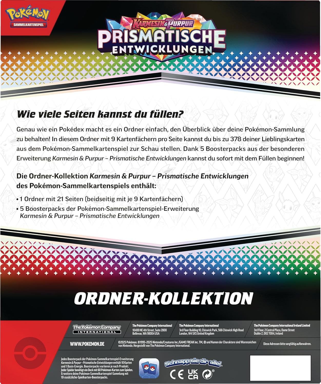 Ein Pokémon-Kartenordner mit deutschem Text. Der Ordner ist für das Kartenspiel Karmesin & Purpur - Prismatische Entwicklungen.