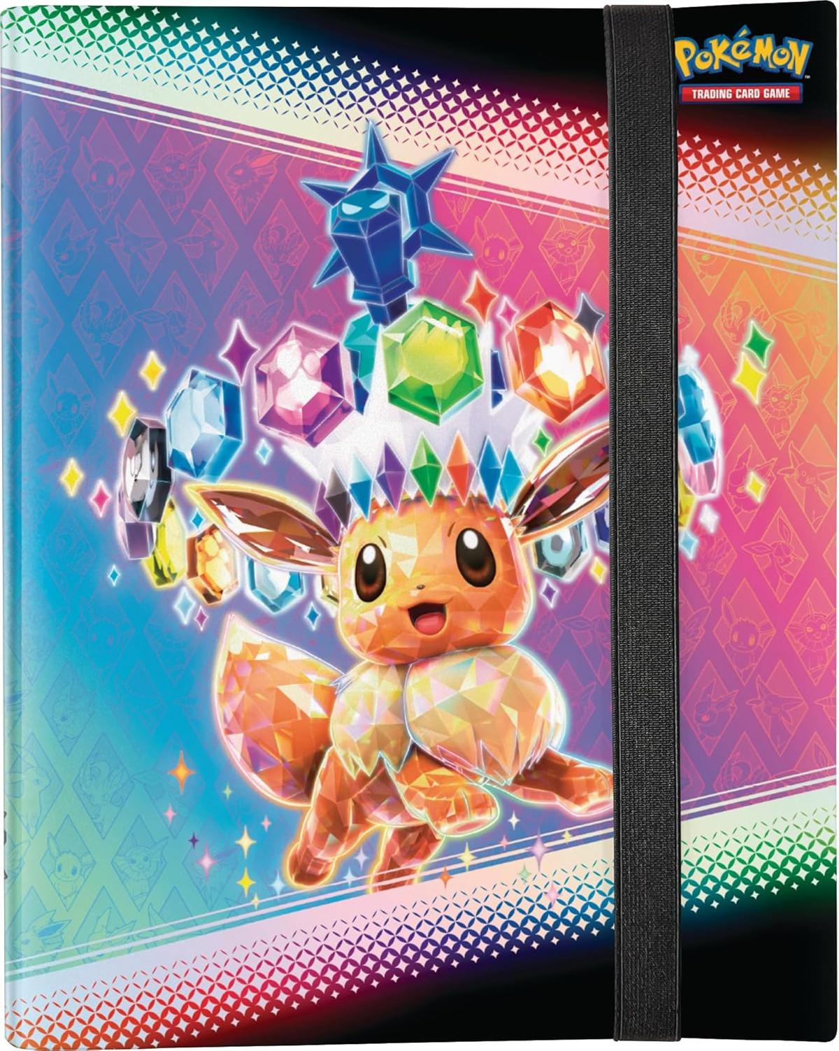Eevee, umgeben von Edelsteinen auf einem Pokemon-Sammelkartensammler. Diamanten und Sterne im Hintergrund.