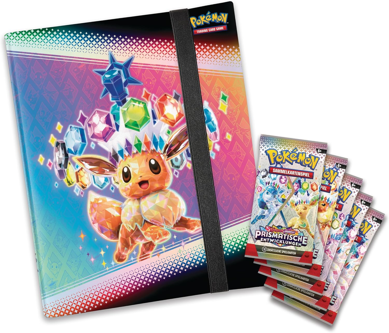 Ein Pokémon-Kartenordner und -Packungen. Der Ordner zeigt Evoli und Edelsteine. Die Packungen tragen die Aufschrift 'Prismatische Entwicklungen'.