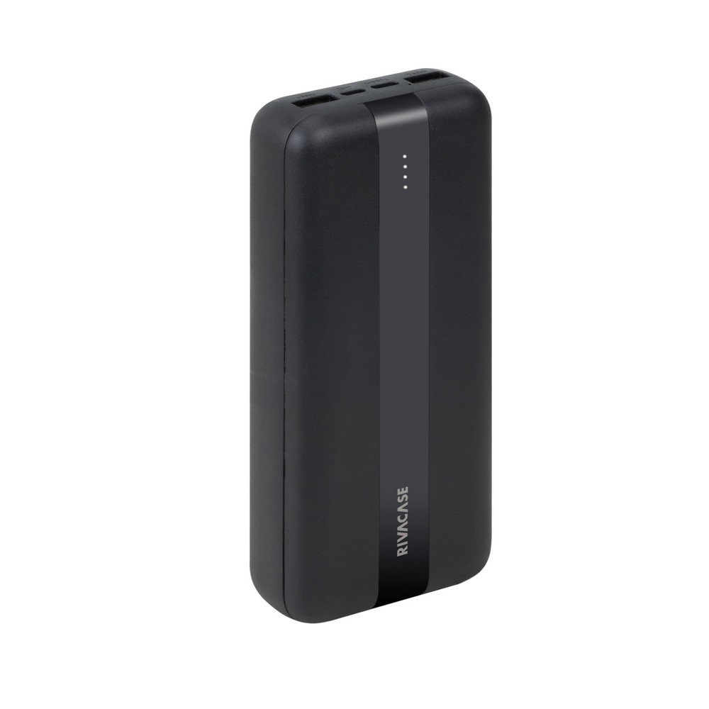Un power bank Rivacase nero. Presenta porte di ricarica in alto, una striscia grigio scuro con spie luminose e bordi arrotondati.