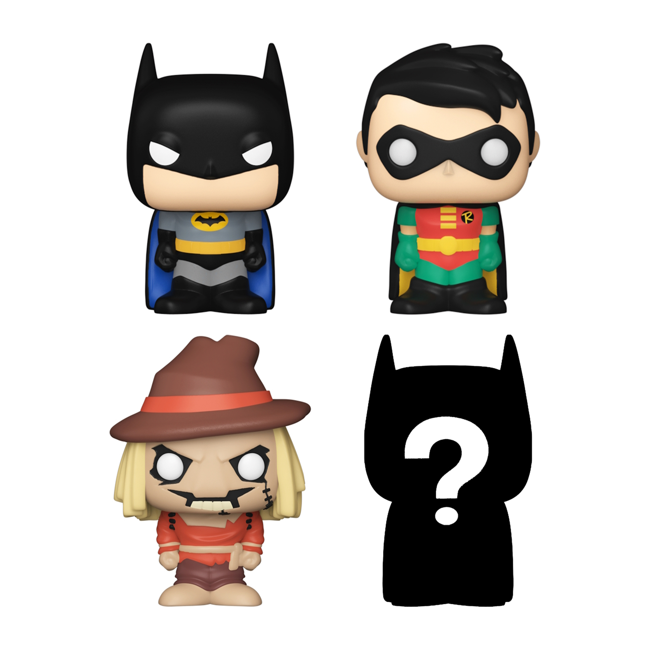 Cuatro figuras Funko Pop: Batman, Robin, Espantapájaros y una silueta de Batman con un signo de interrogación.