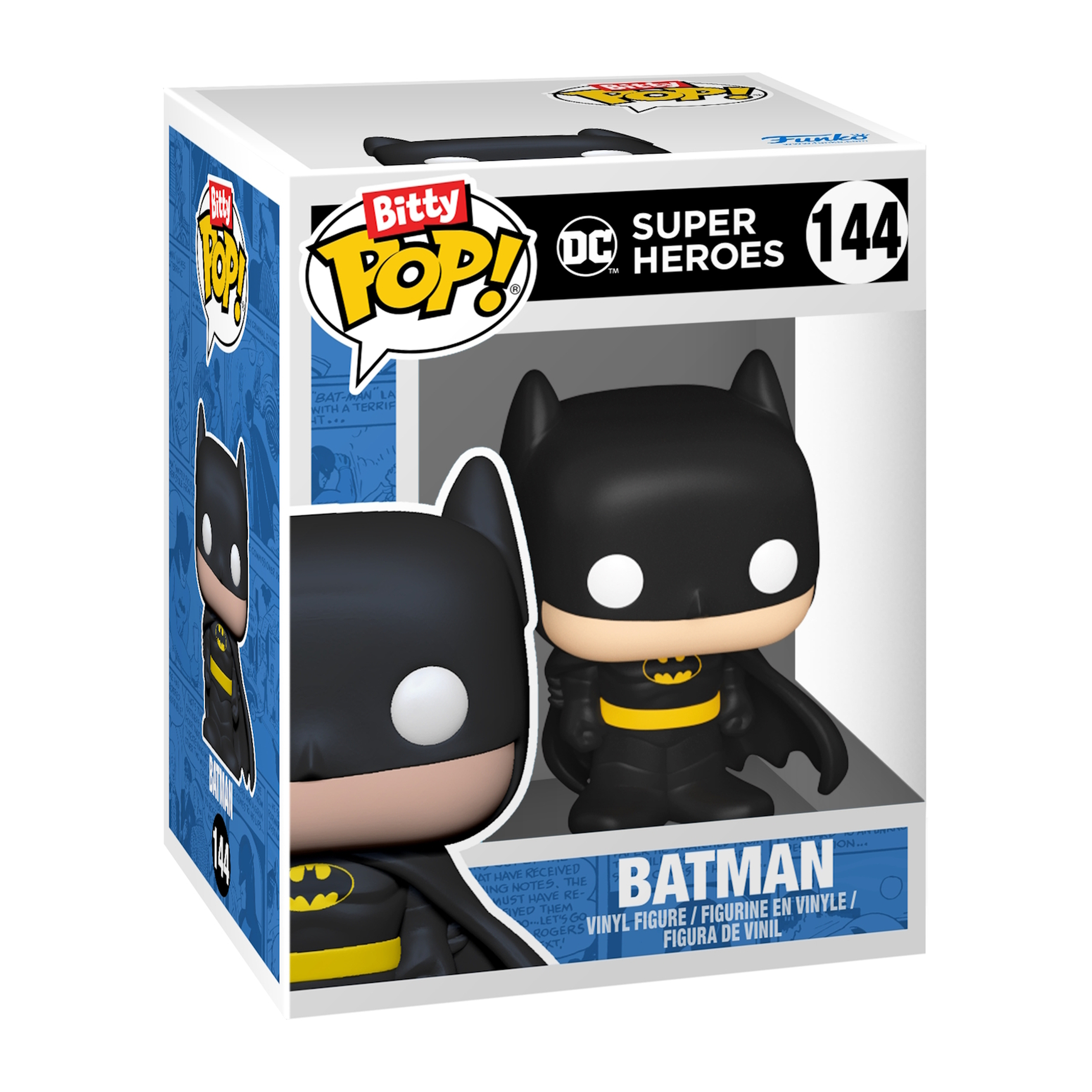 Una figura de vinilo Batman Bitty Pop! en una caja. La figura es negra con un símbolo de murciélago amarillo. La caja es blanca con detalles azules.