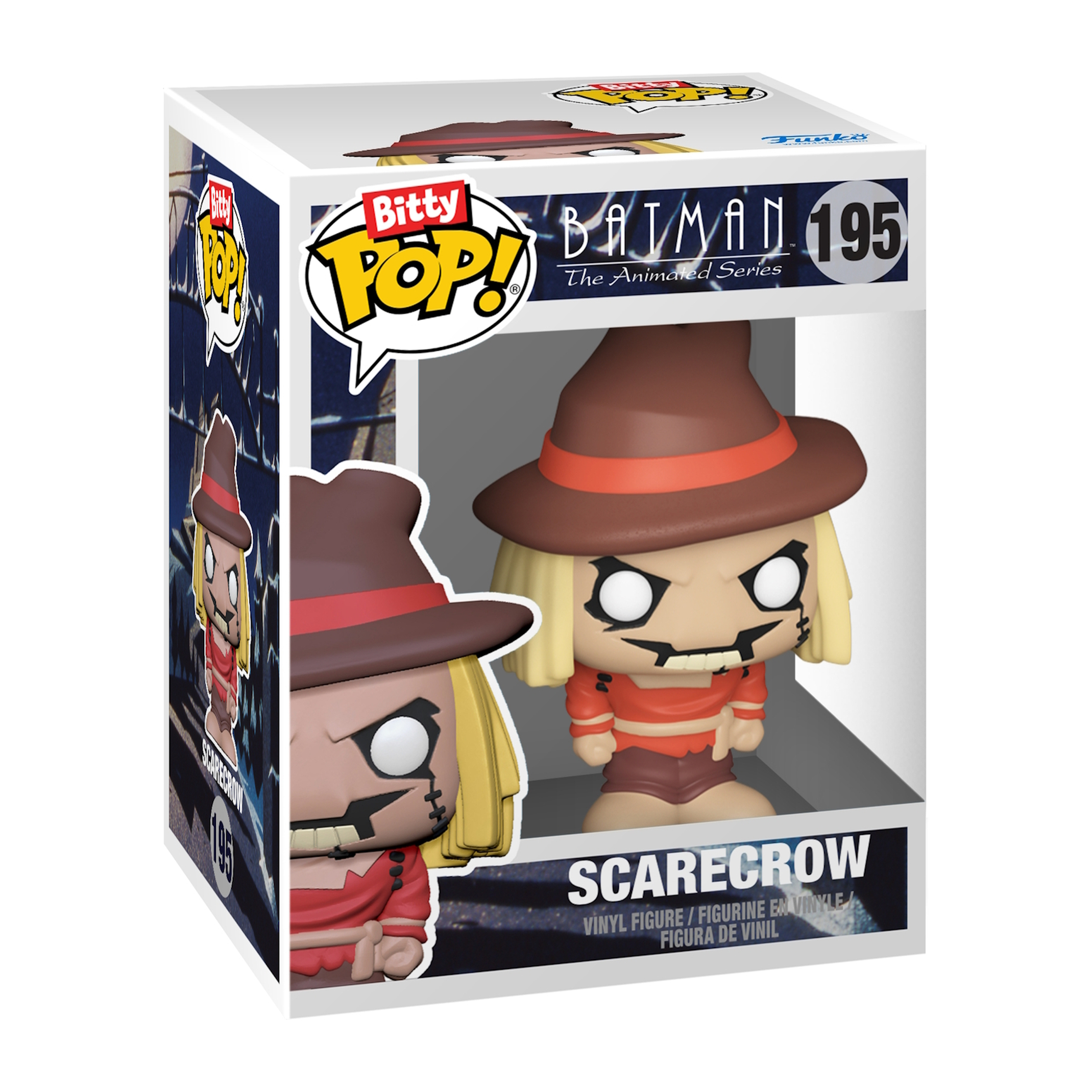 Una caja Funko Pop con el Espantapájaros. La figura tiene un sombrero marrón, camisa roja y pelo rubio.
