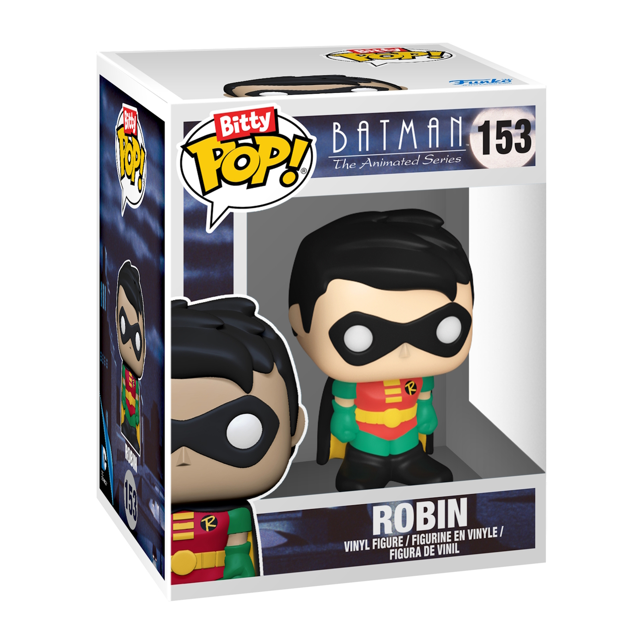 Una figura de Robin Funko Pop en una caja. La figura tiene una máscara negra, traje rojo y amarillo y guantes verdes.