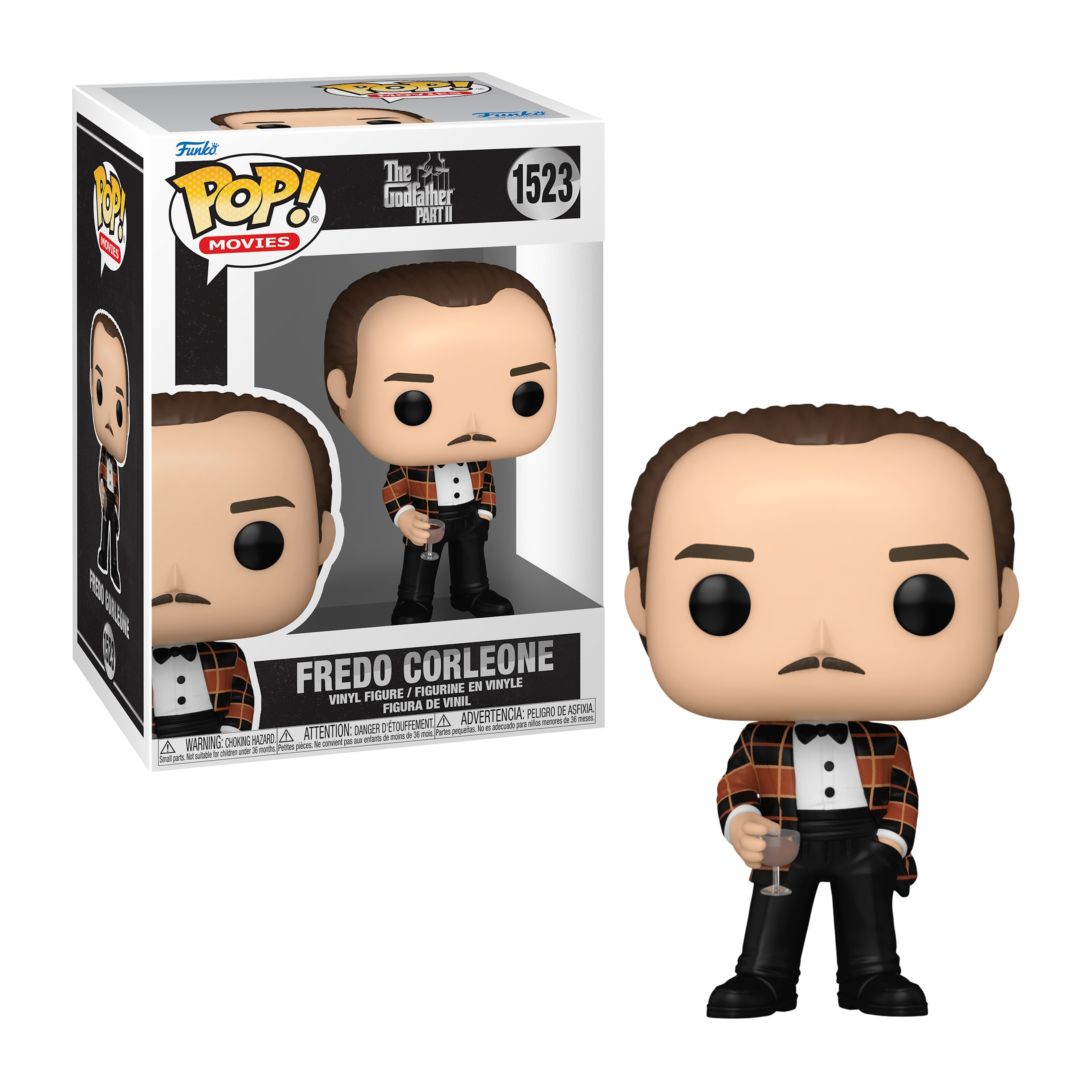 Eine Fredo Corleone Funko Pop Figur. Er trägt eine karierte Jacke und hält ein Weinglas. Eine Box mit der Figur befindet sich im Hintergrund.