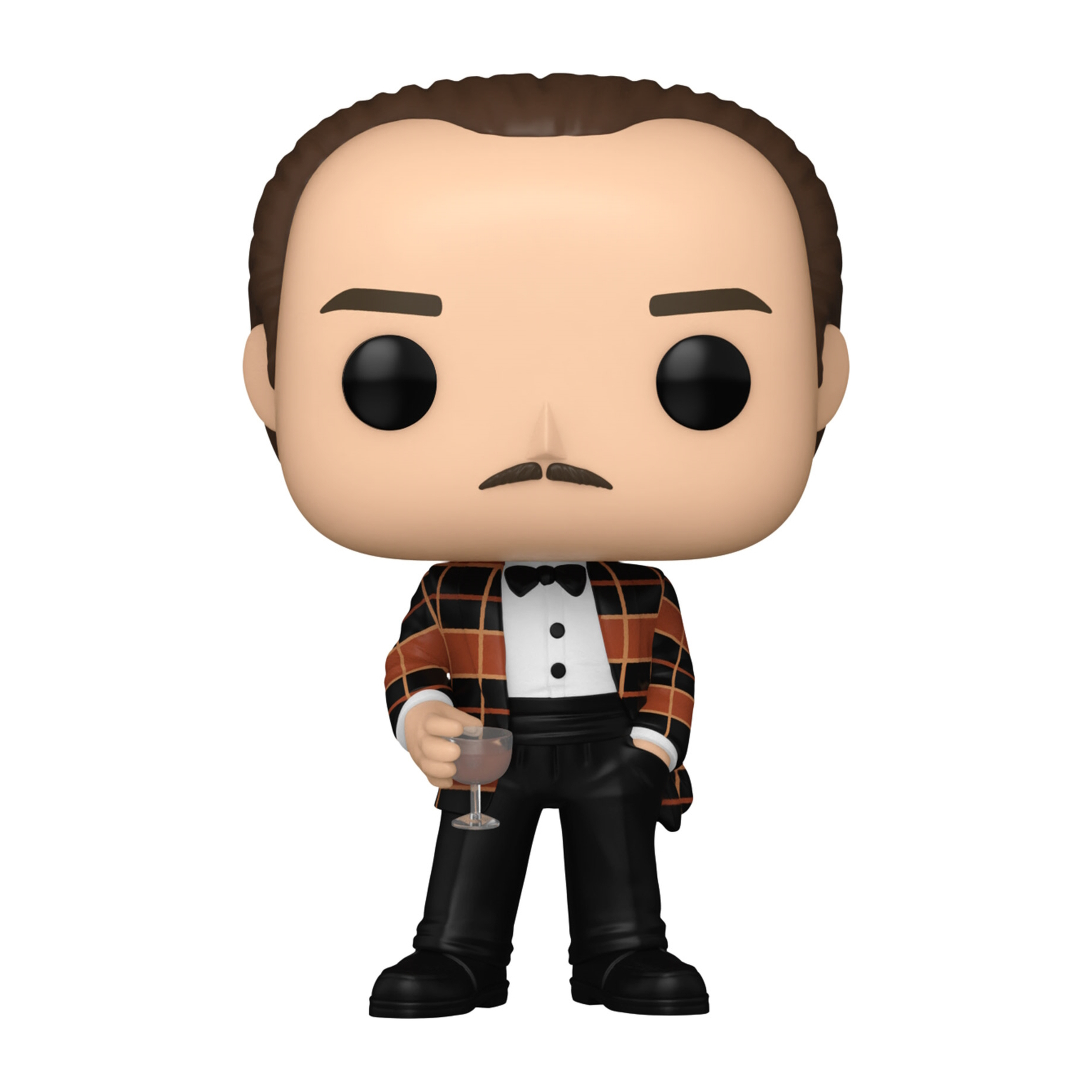 Eine Funko Pop-Figur eines Mannes in einer karierten Jacke, Fliege, mit einem Glas in der Hand. Er hat einen Schnurrbart.
