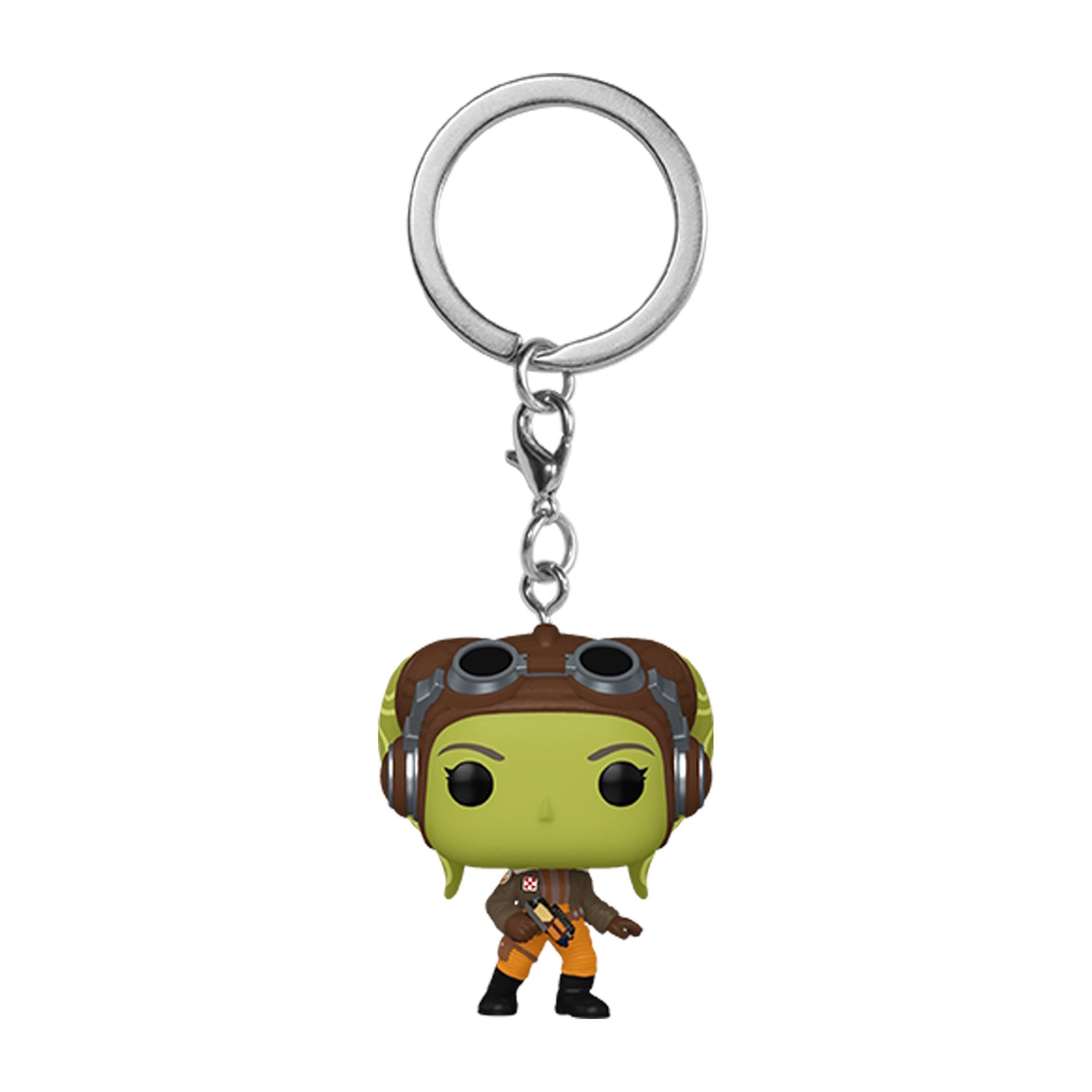 Un llavero con una figura Funko Pop. La figura es de un piloto alienígena verde con gafas, sosteniendo un bláster.