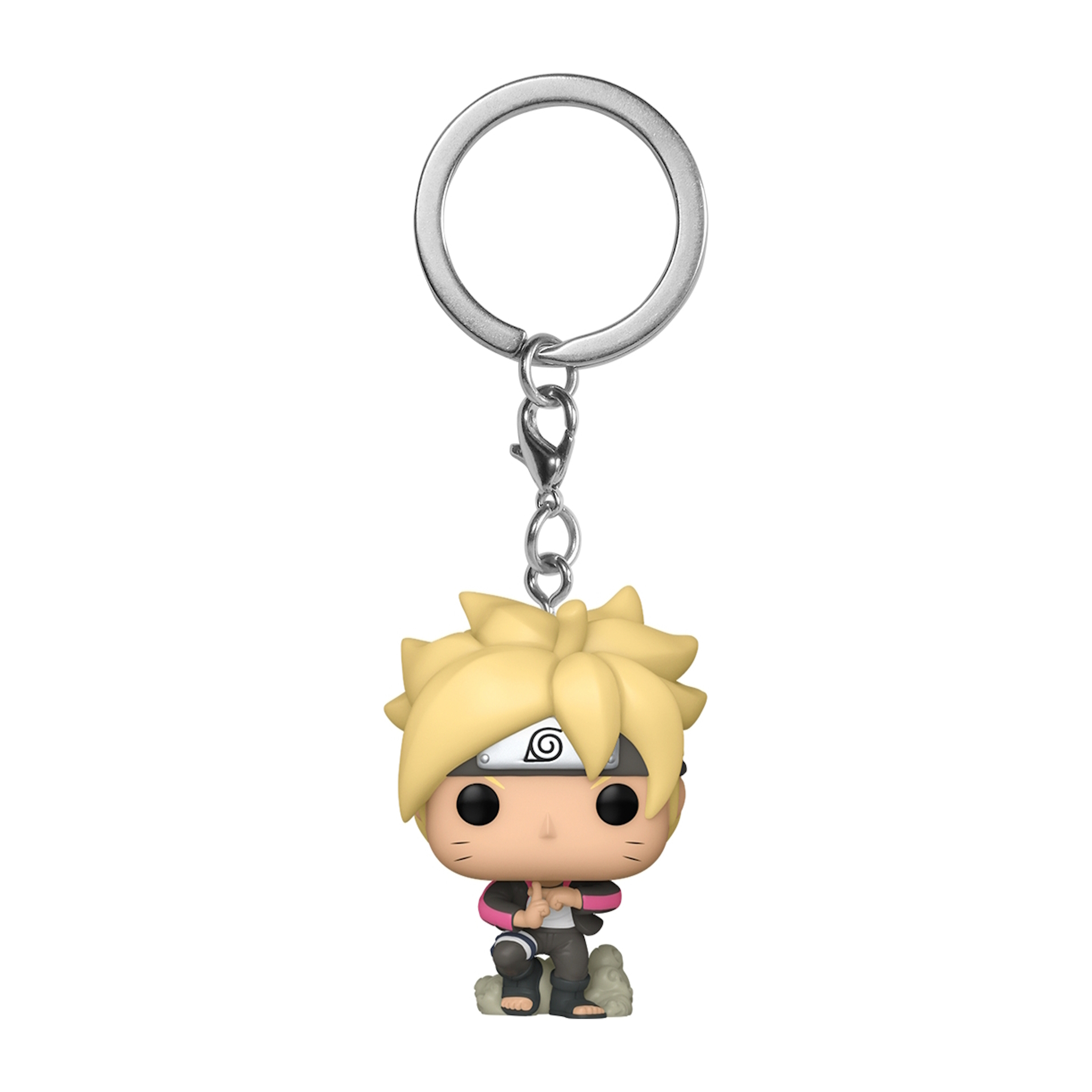 Ein Schlüsselanhänger mit einer Boruto-Figur. Die Figur steht auf einem grauen Sockel, mit blonden Haaren und einer Jacke.