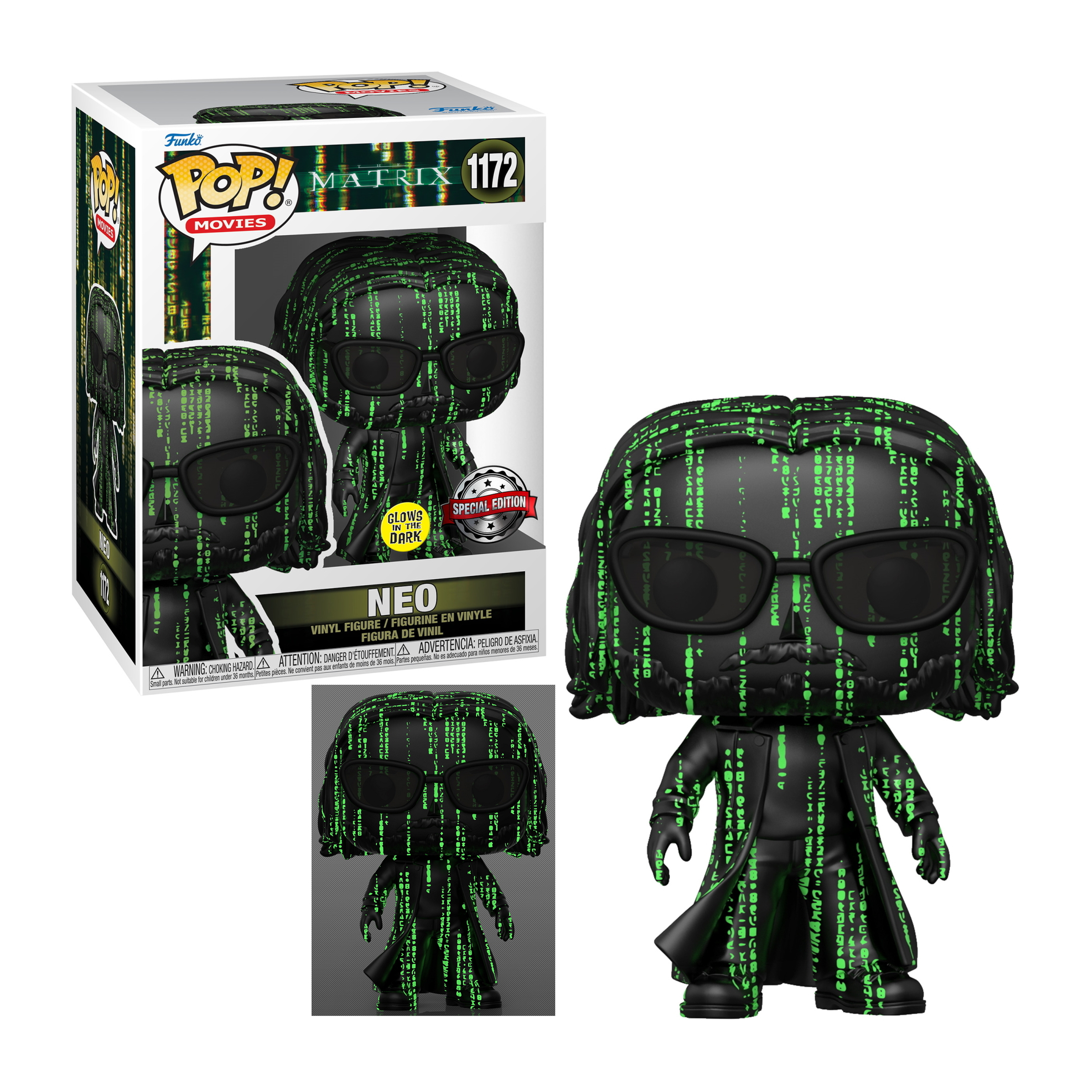 Funko Pop Figur von Neo aus Matrix. Er trägt schwarze Kleidung, Brille und grüne Codemuster.