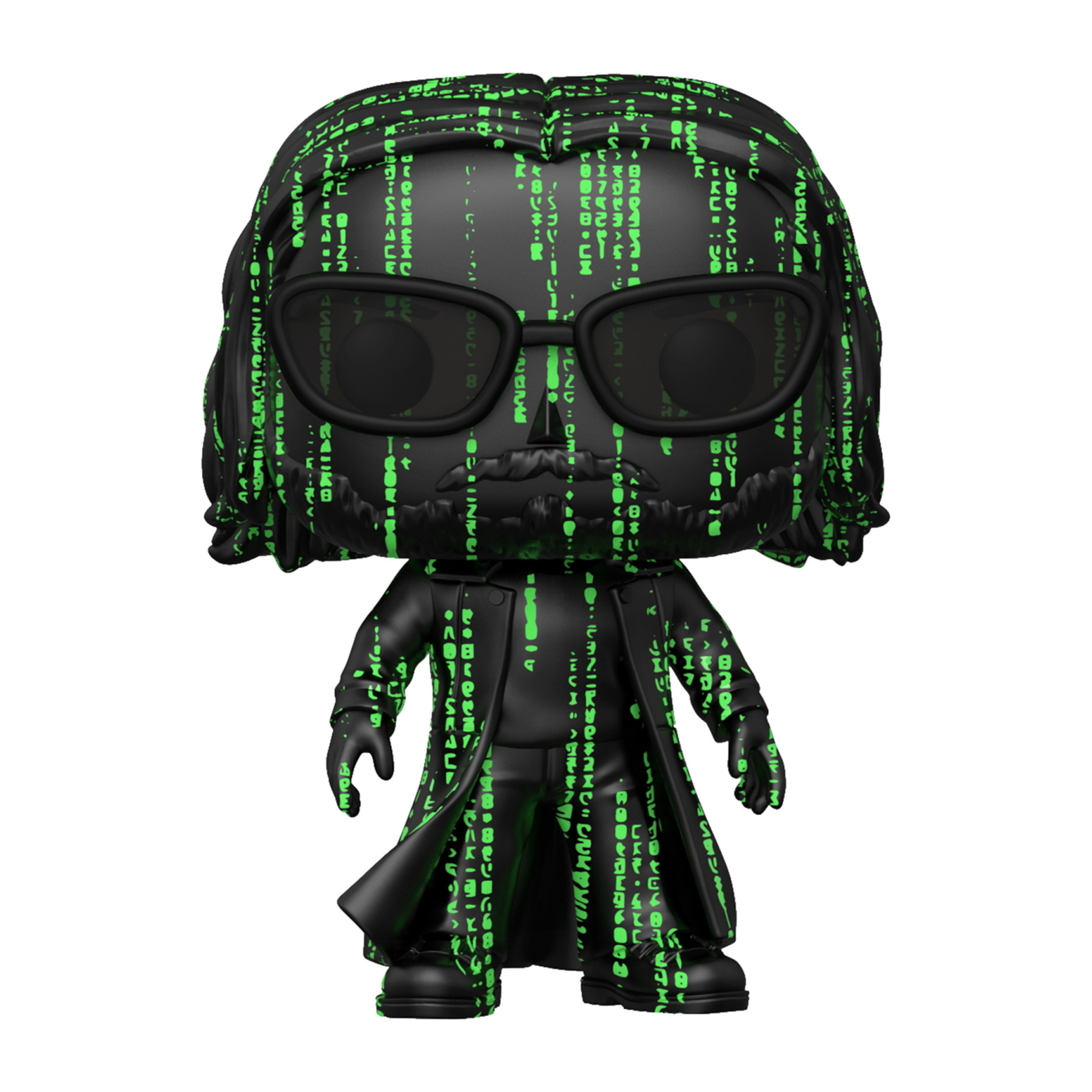 Eine Funko Pop Figur von Neo aus The Matrix. Er trägt einen schwarzen Mantel und eine Brille. Grüne Codezeilen bedecken seinen Körper und Kopf.