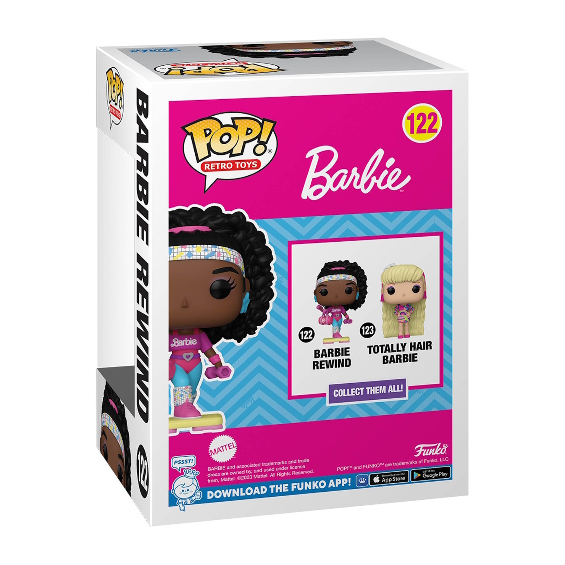 Barbie Rewind Funko Pop-Box. Enthält eine Barbie-Figur in Trainingskleidung. Rosa und blaue Farben dominieren das Design.