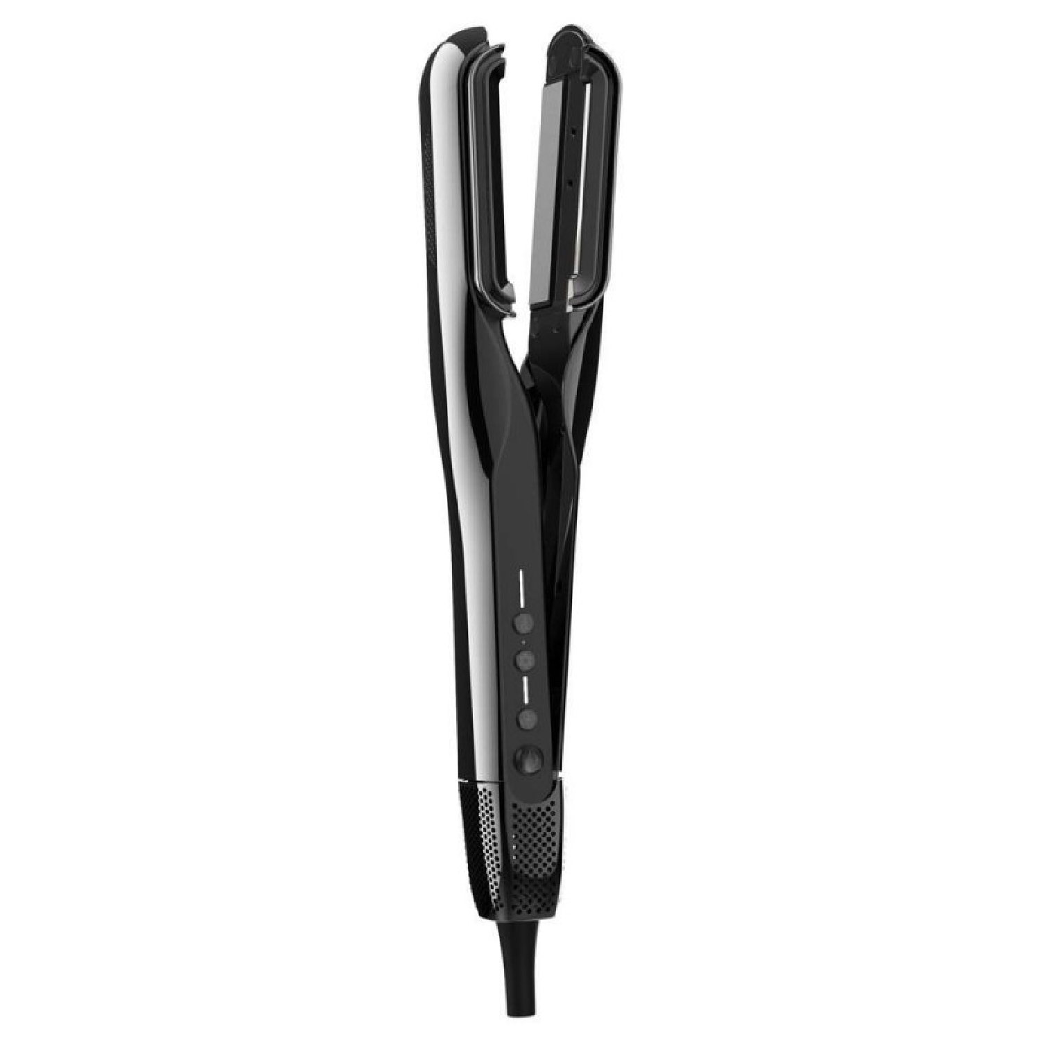 Una piastra per capelli nera e argento, verticale su sfondo bianco. Ha un manico arrotondato con bottoni e prese d'aria.