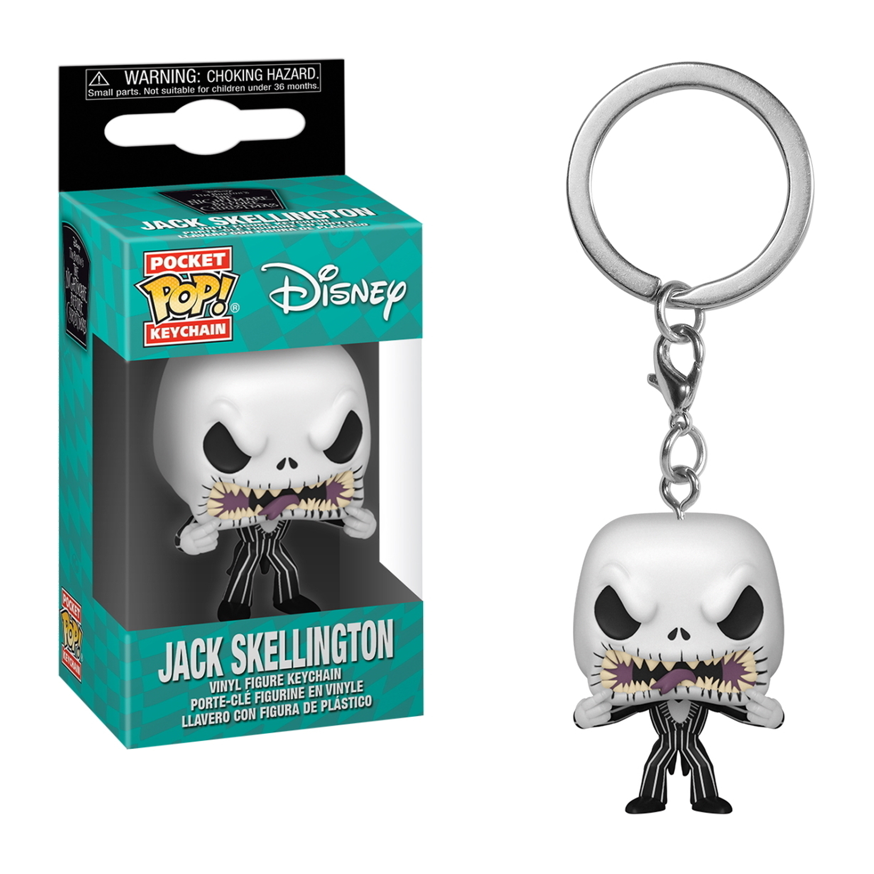 Un portachiavi di Jack Skellington e la sua scatola sono mostrati. La figura è bianca con occhi neri e bocca viola.