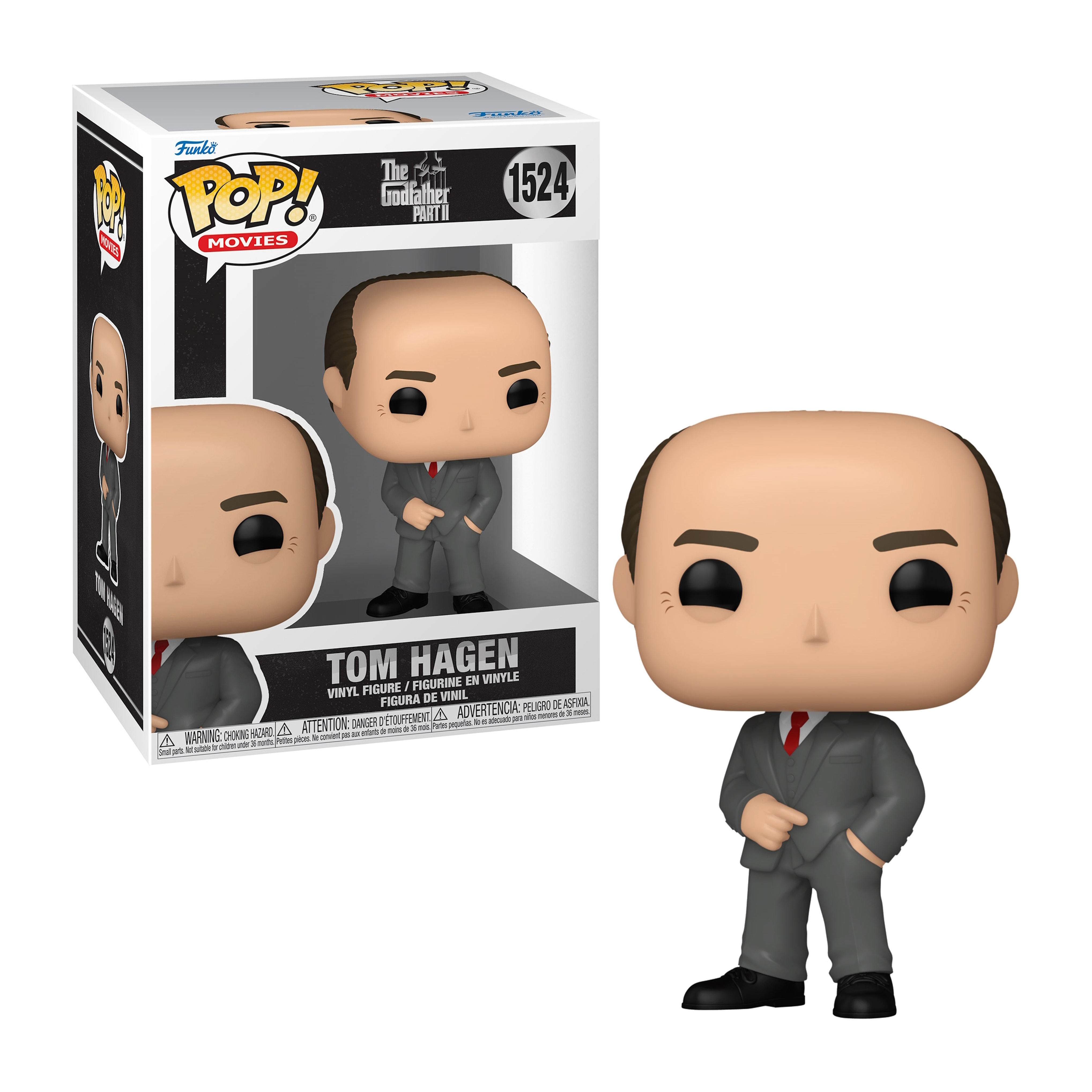 Eine Funko Pop-Figur von Tom Hagen aus Der Pate. Die Figur trägt einen grauen Anzug und eine rote Krawatte.