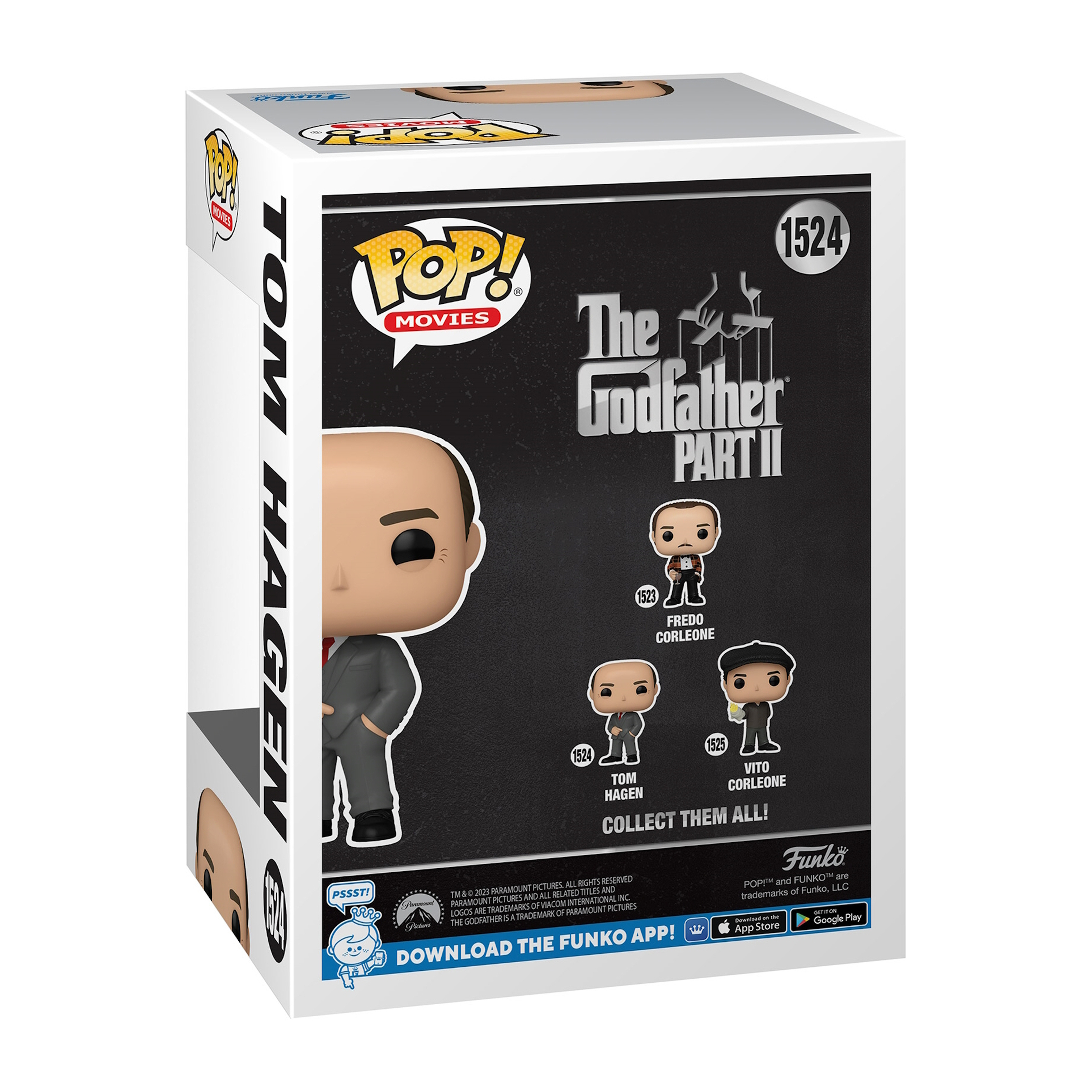 Eine Funko Pop-Box für Tom Hagen aus Der Pate. Die Box zeigt Hagens Figur, andere Charaktere und das Filmlogo.