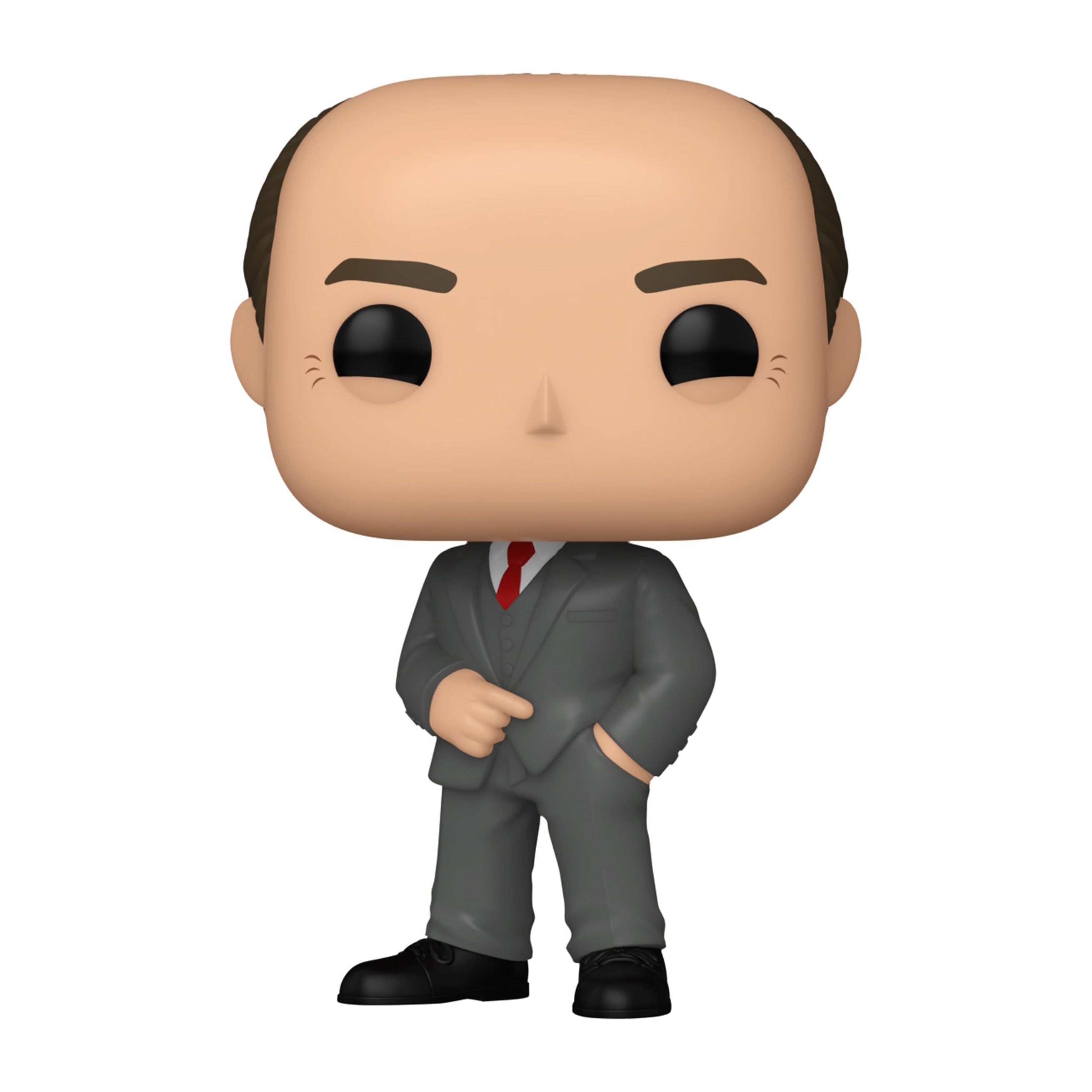 Eine Funko Pop Figur eines Mannes in einem grauen Anzug mit roter Krawatte. Er hat eine Glatze und schwarze Augen.