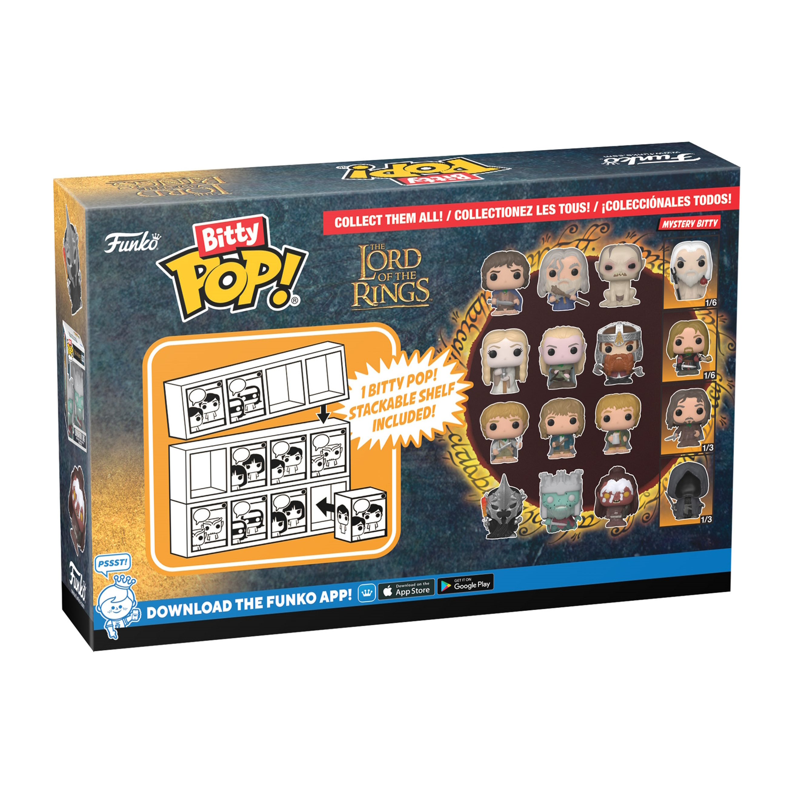 Eine Funko Bitty Pop-Box für Der Herr der Ringe. Es zeigt verschiedene Charaktere und ein Regal.
