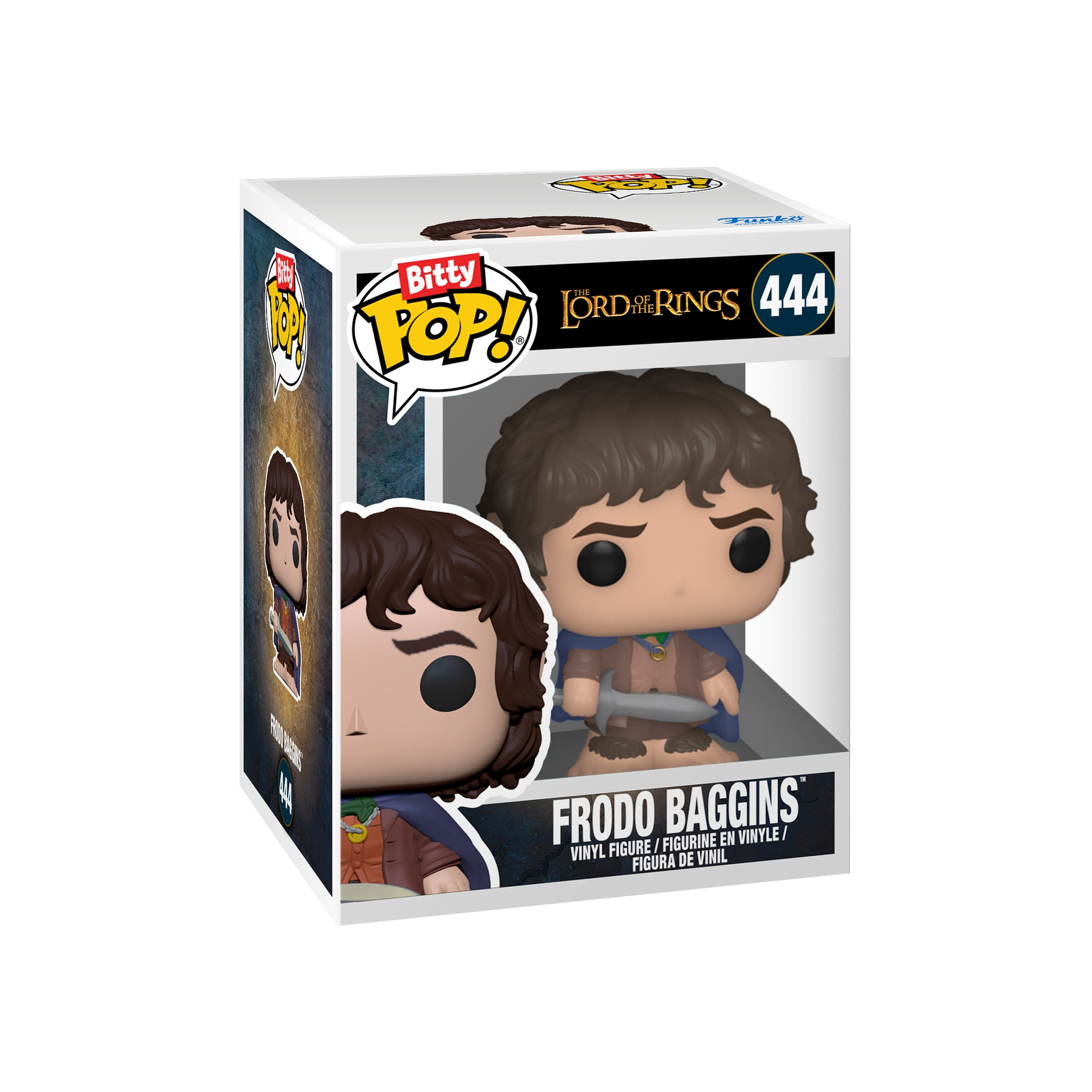Eine Frodo Baggins Vinylfigur in einer Box. Es hat braunes Haar, einen blauen Umhang und ein Schwert. Die Box hat Text.