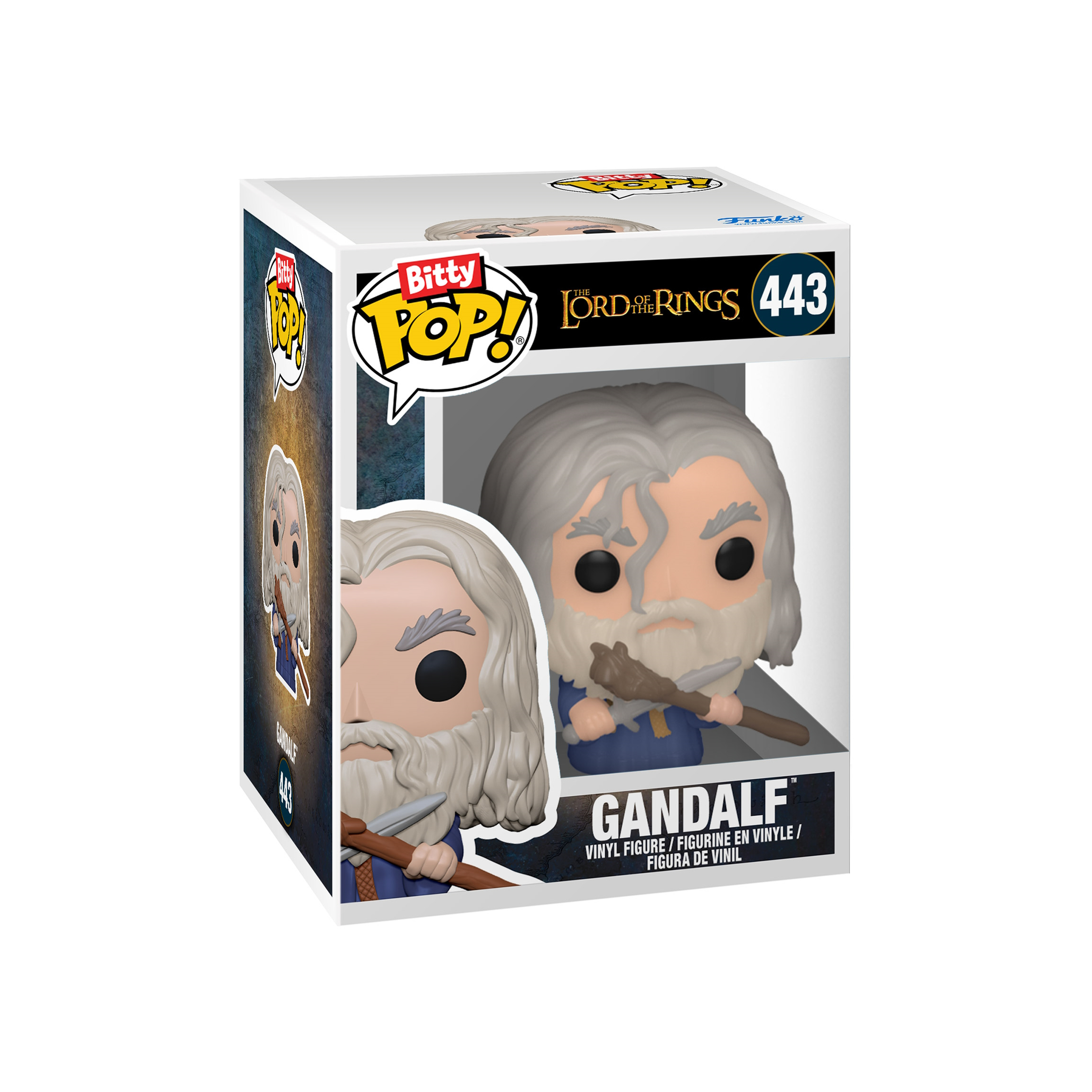 Eine Gandalf Funko Pop Figur in einer Box. Er hat einen grauen Bart und hält einen Stab. Auf der Box steht Bitty Pop!