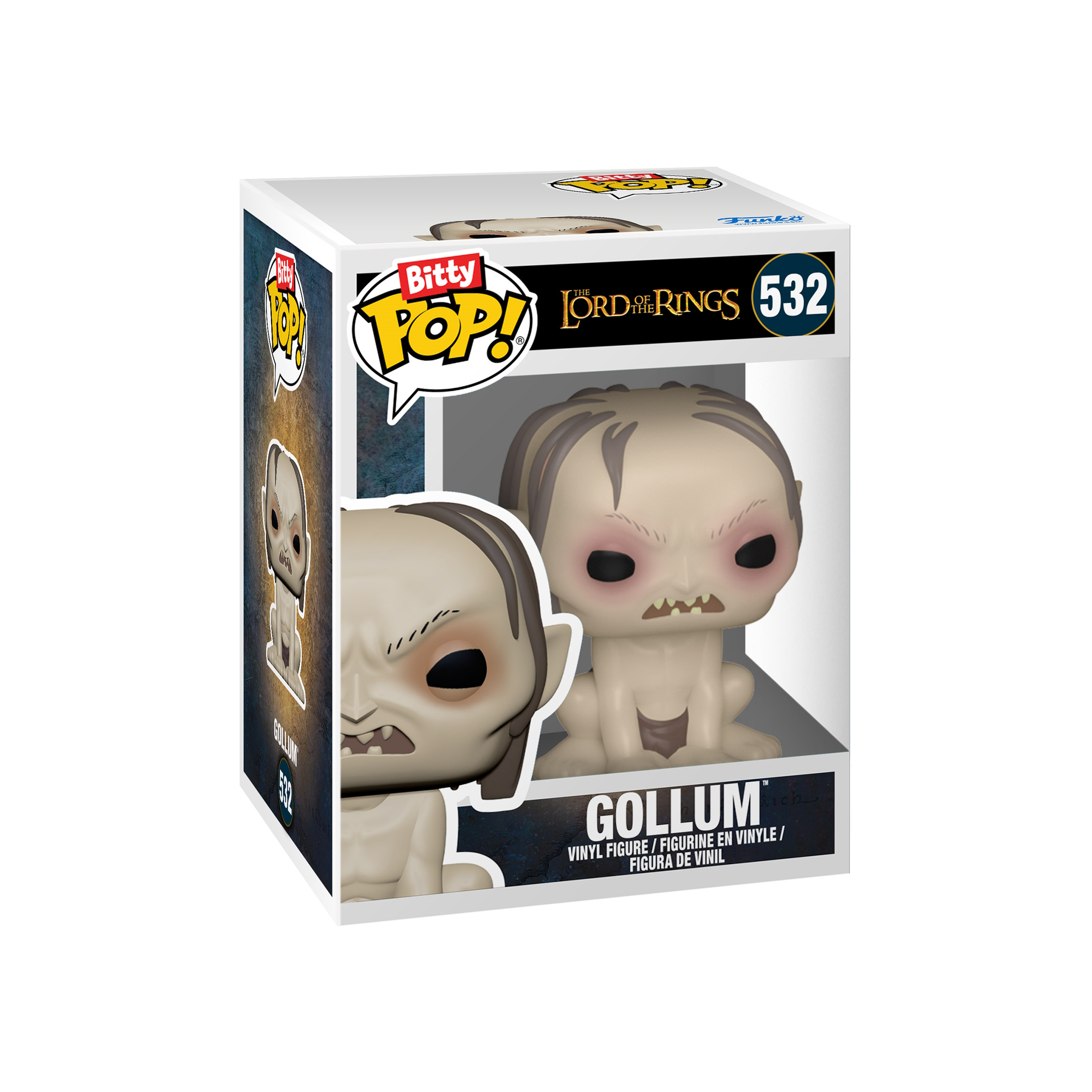 Eine Gollum Funko Pop-Figur in ihrer Box. Die Figur ist hellbraun. Die Box hat die Aufschrift "Bitty Pop!" und "Lord of the Rings".